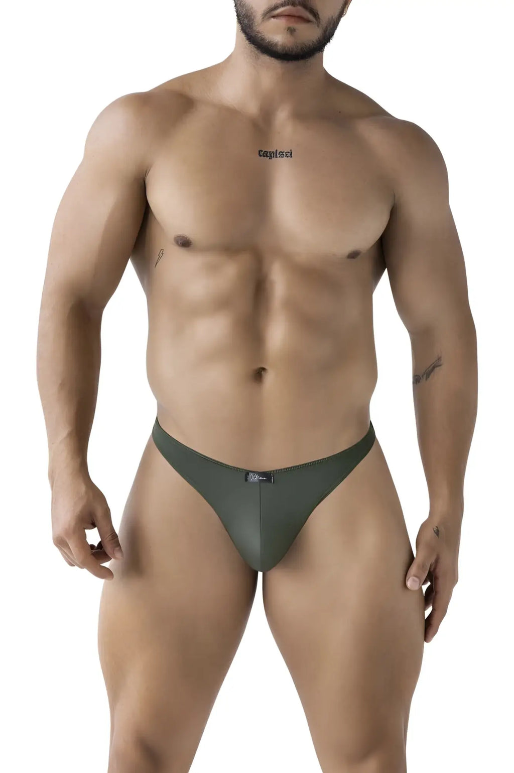 Dark olive green xtremen 91238 microfiber thong made of smooth stretchy fabric with black brand tag at waistband back view