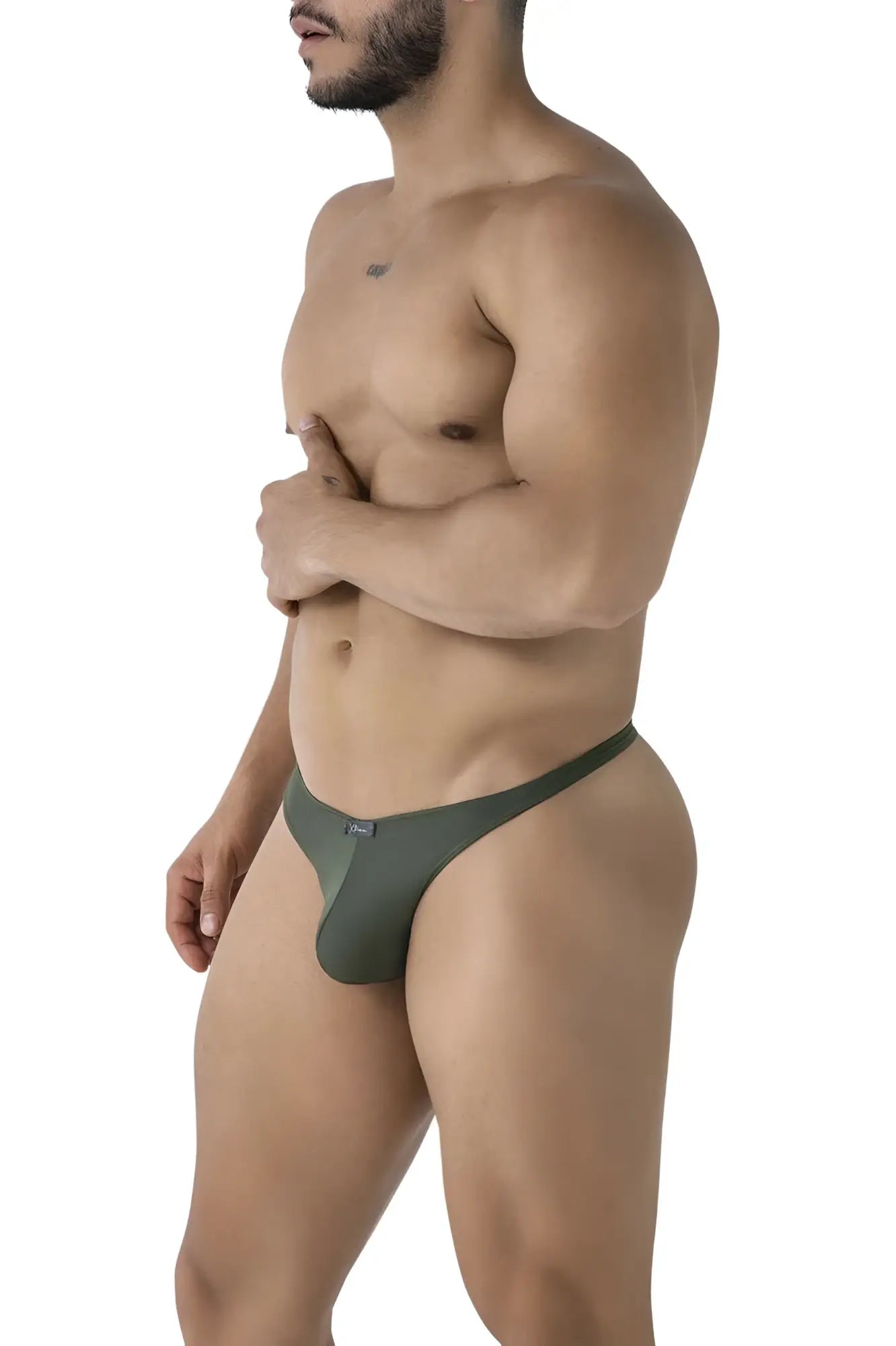 Xtremen 91238 olive green microfiber athletic cut briefs with a small blue brand tag on the side seam