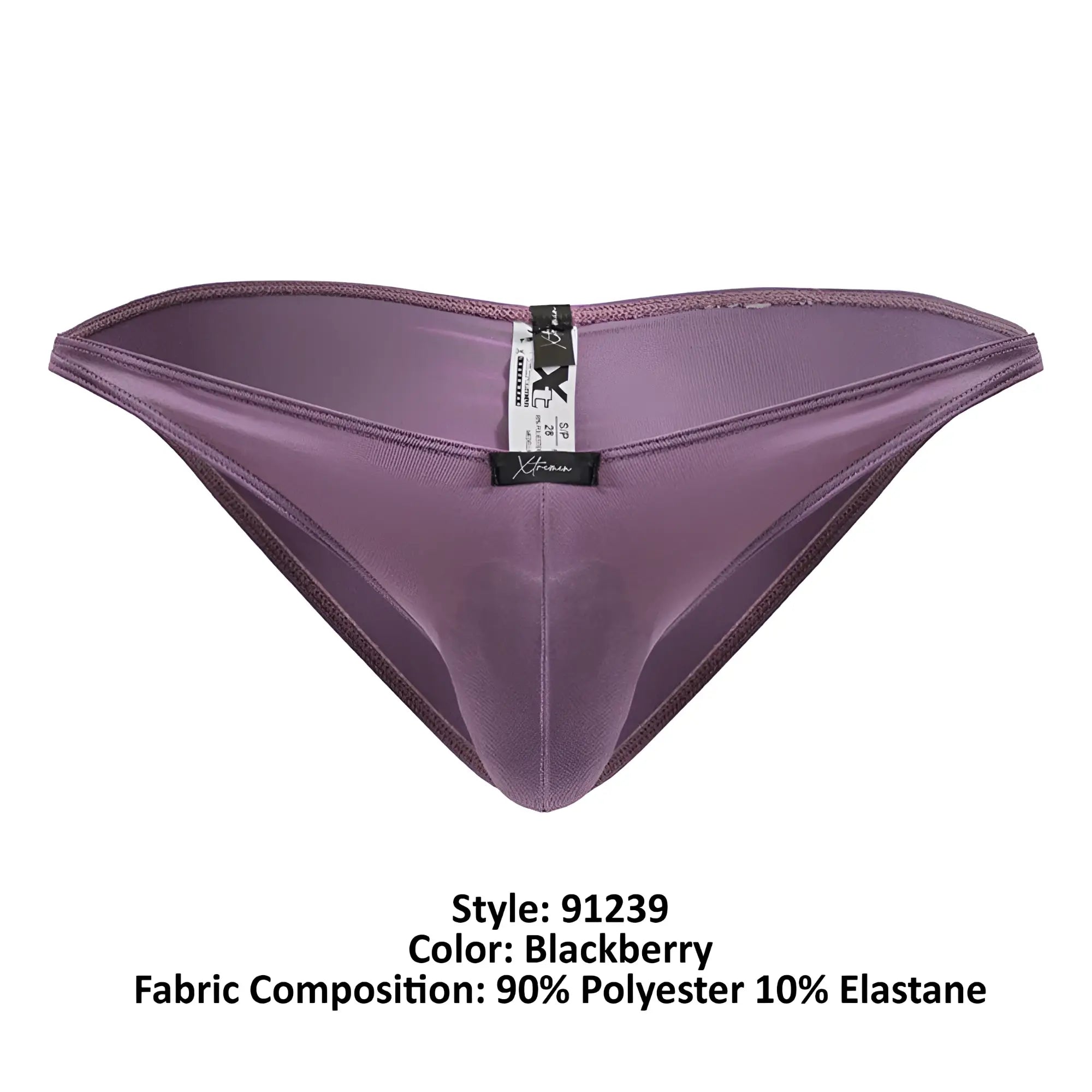 Purple satin-like microfiber men’s briefs with sleek fit and black brand tag in xtremen 91239 microfiber bikini color blackberry