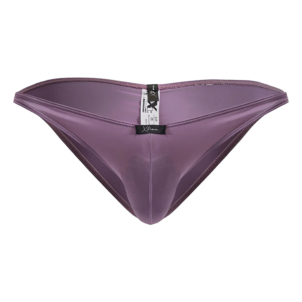 Purple satin thong with sleek smooth texture and subtle sheen in blackberry microfiber bikini by xtremen 91239