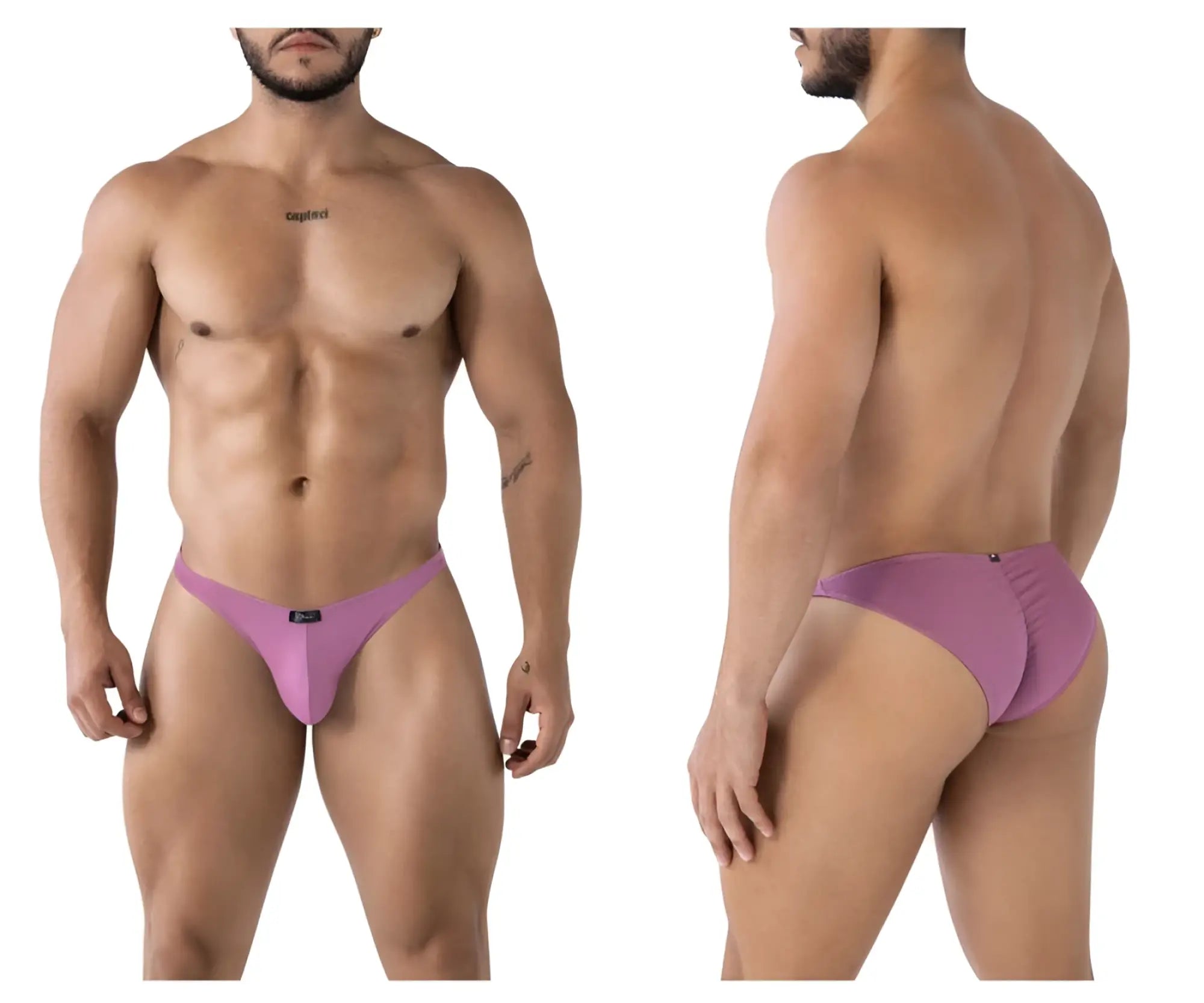 Xtremen 91239 microfiber bikini in blackberry with a smooth purple thong and a small brand tag at the front