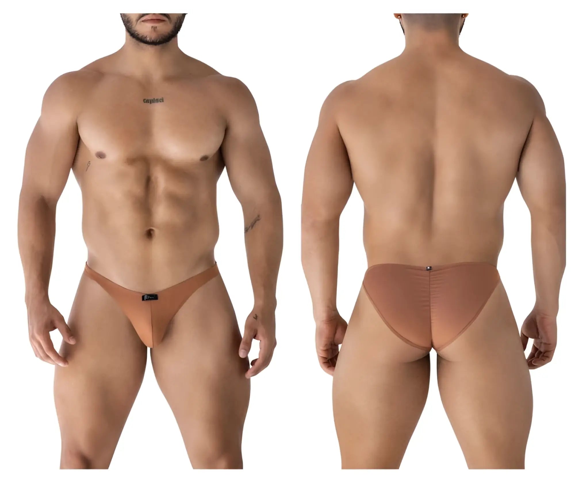 Tan microfiber bikini briefs with subtle elastic waistband and black Xtremen brand tag in color brown