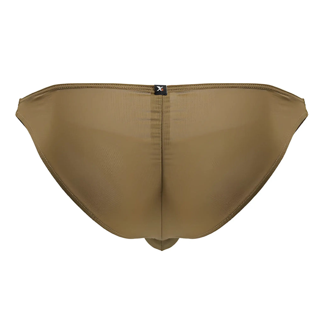 Tan microfiber bikini briefs with subtle texture and small black Xtremen brand tag on the back center