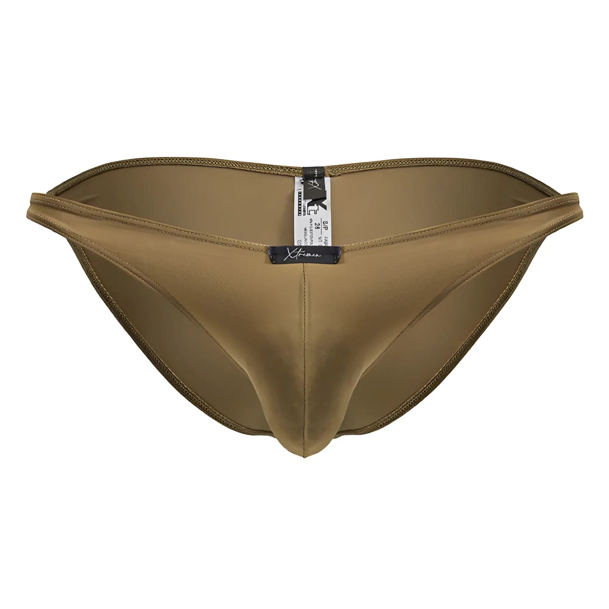 Tan microfiber bikini swim trunks xtremen 91239 with stretchy fabric and subtle stitching in brown color