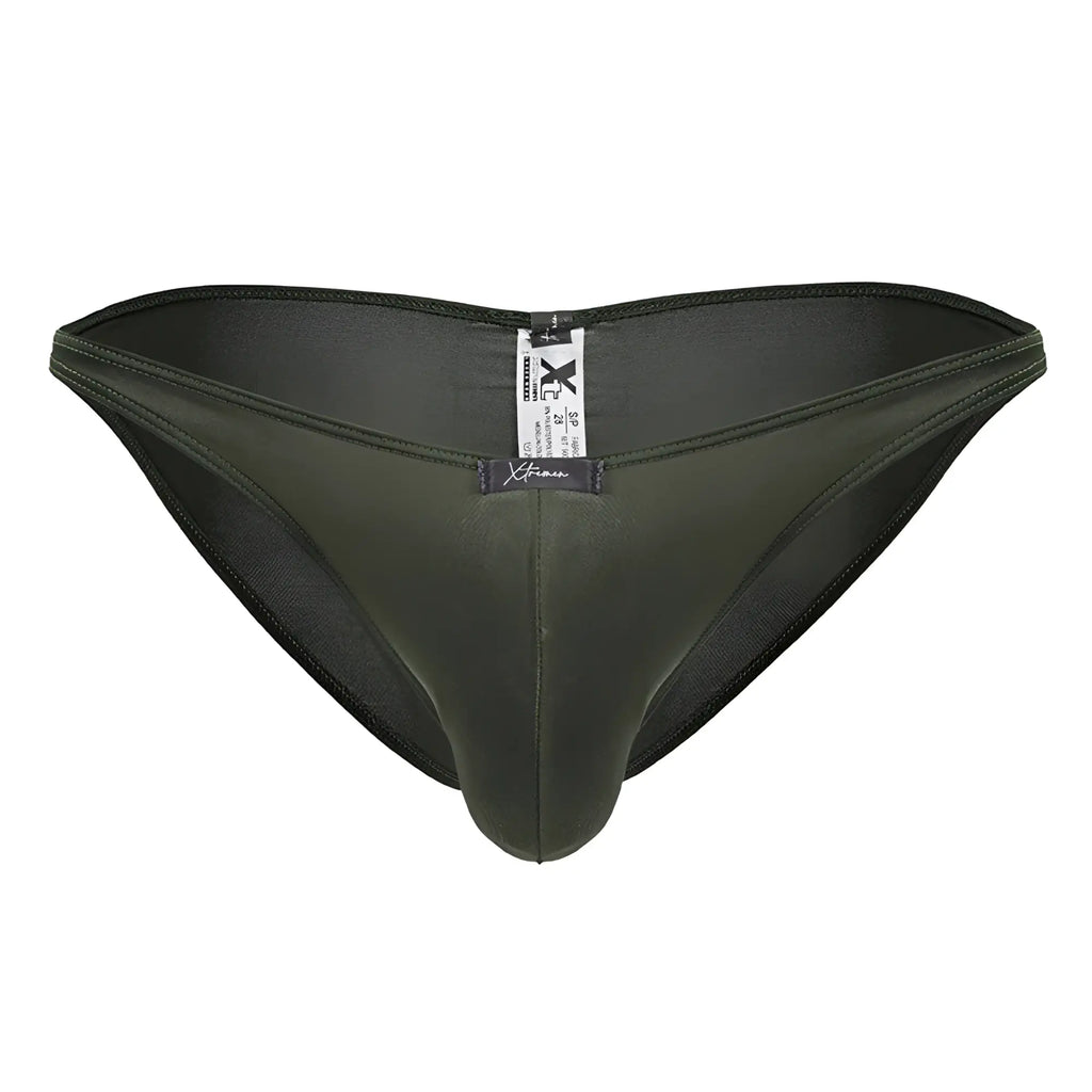 Dark olive green xtremen 91239 microfiber bikini briefs with a sleek satin finish and form-fitting design
