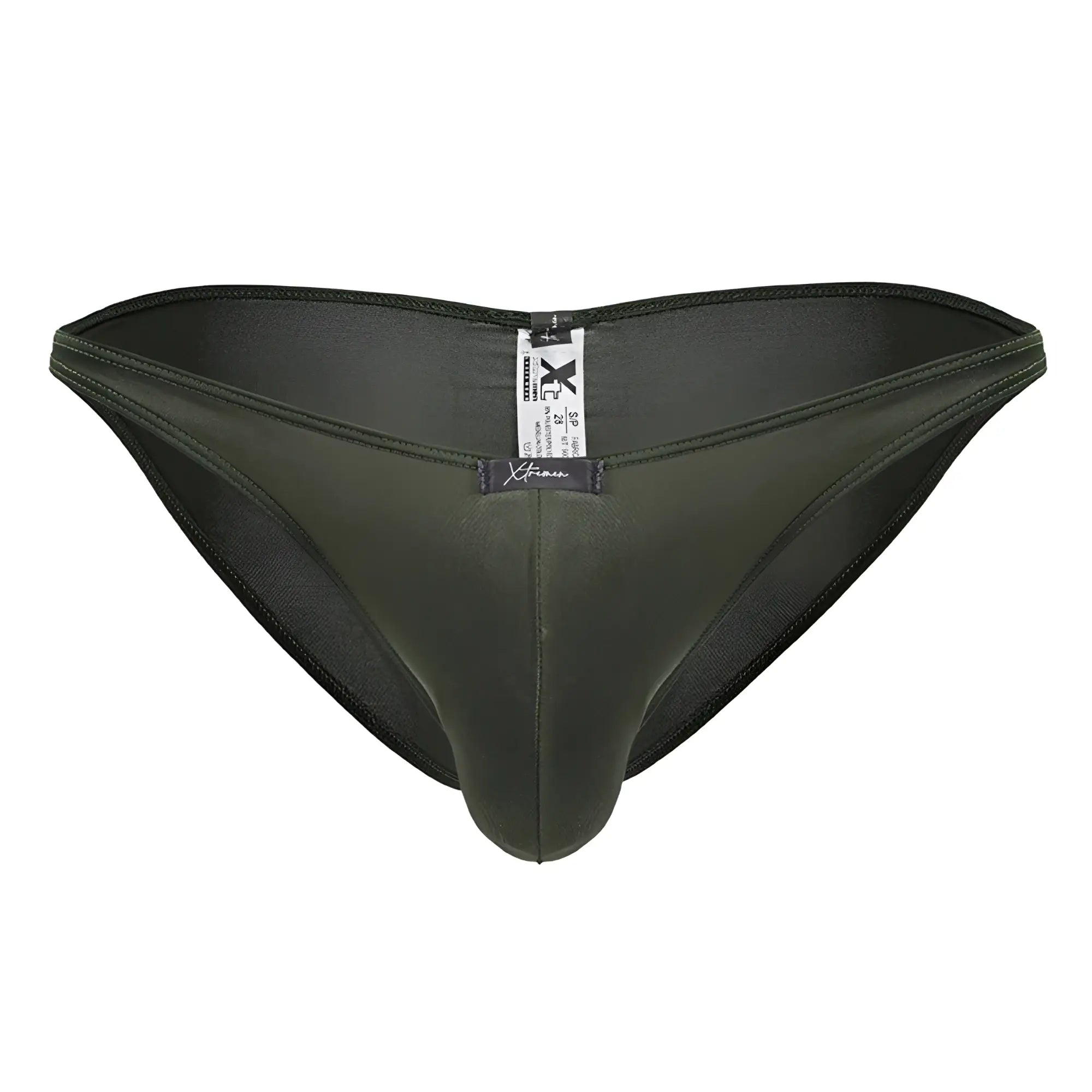Dark olive green xtremen 91239 microfiber bikini briefs with a sleek satin finish and form-fitting design