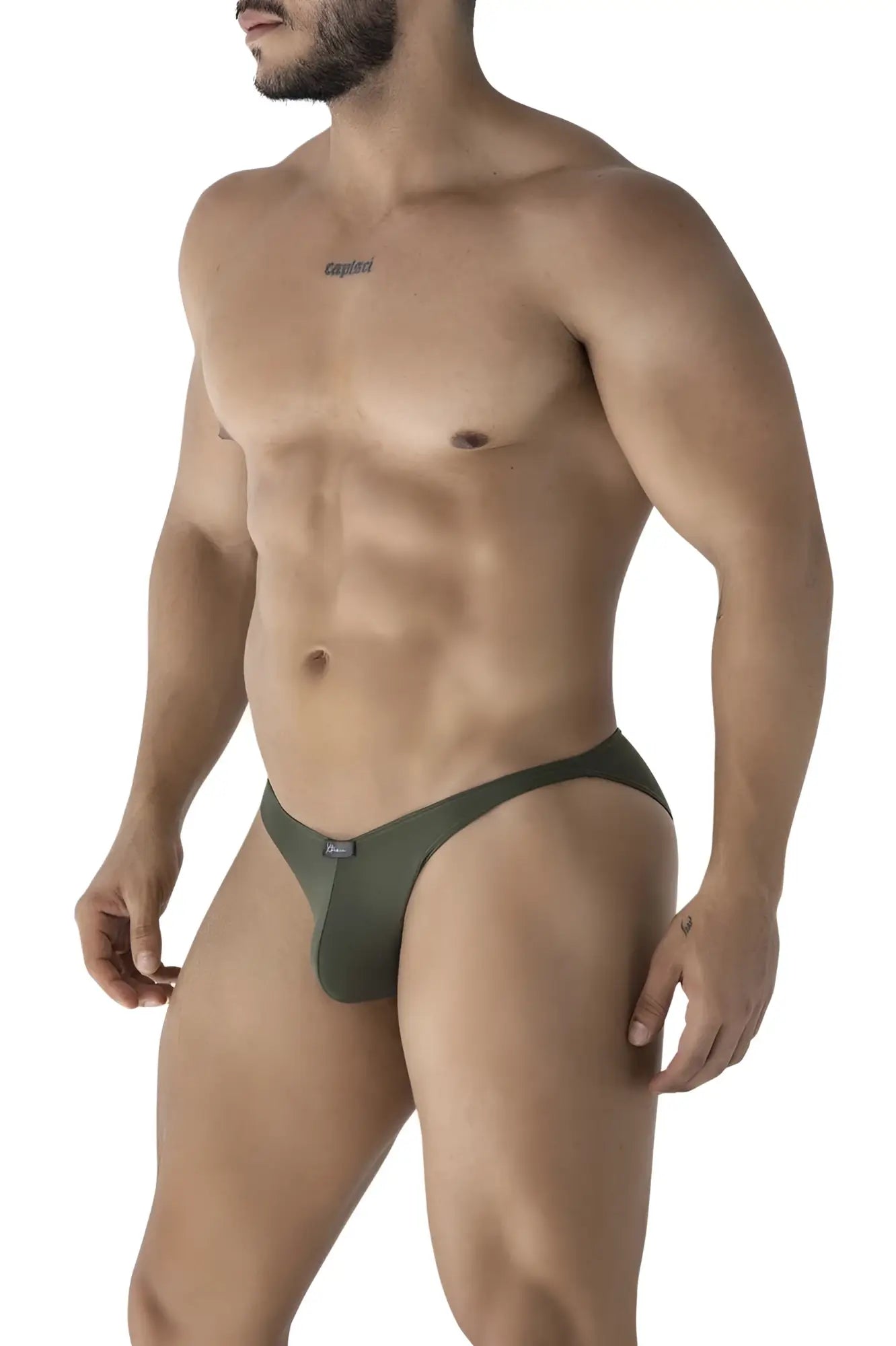 Olive green men’s microfiber thong with small black xtremen brand tag on waistband in bikini style