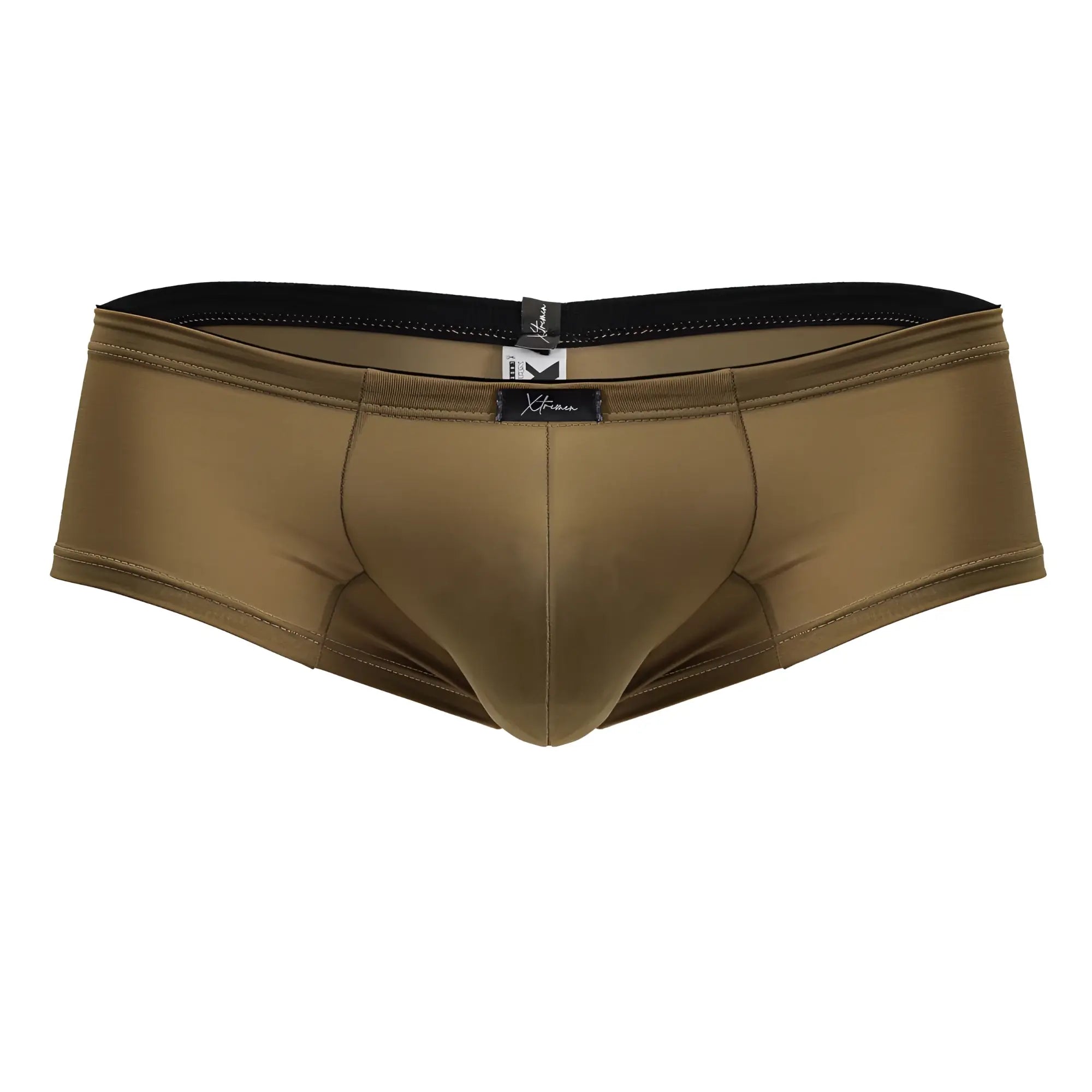 Xtremen 91240 olive green microfiber men’s swim trunks with black elastic waistband and brand tag in brown color