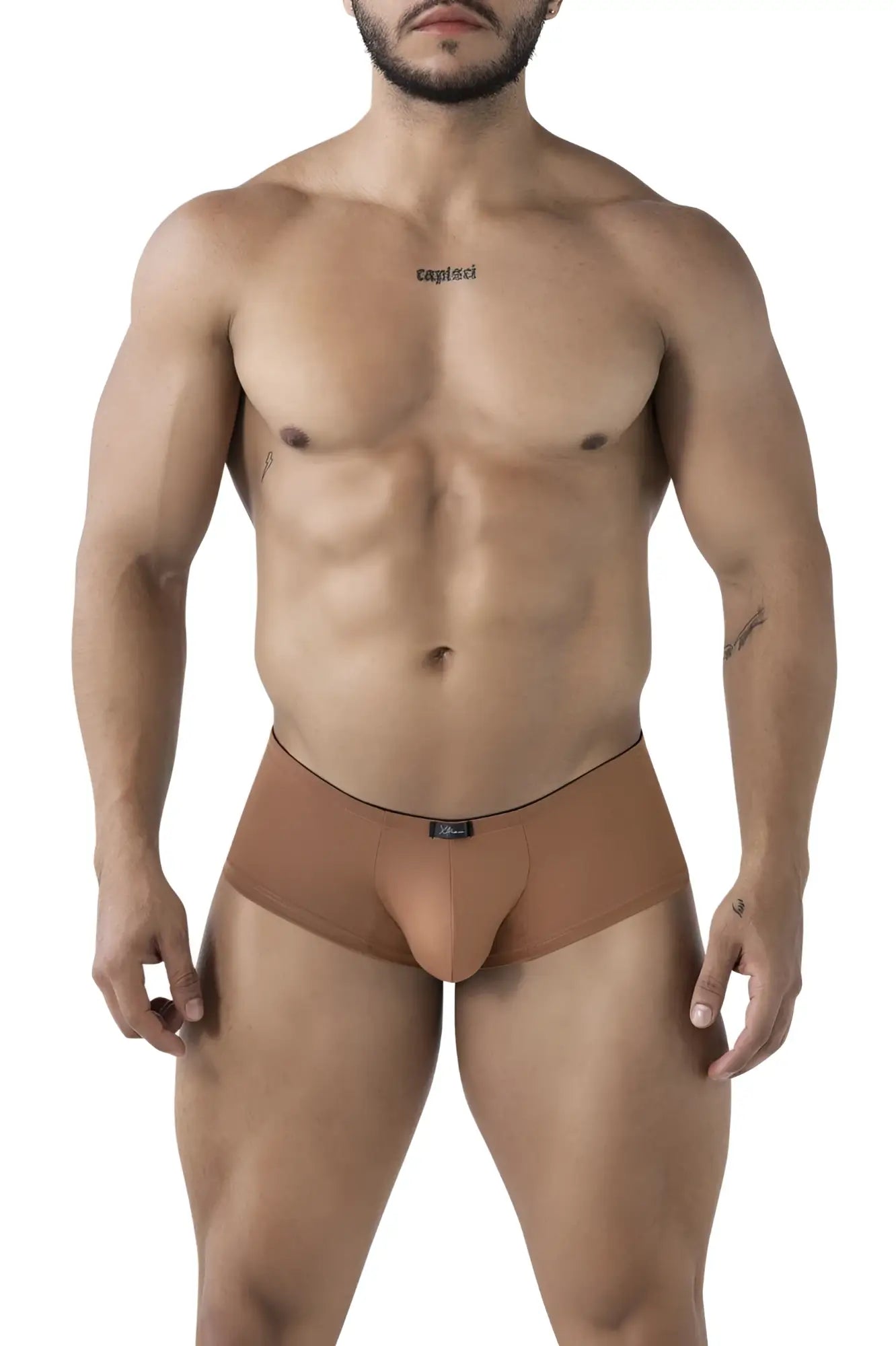 Tan xtremen 91240 microfiber trunks with black elastic waistband and small brand tag form-fitting men’s briefs