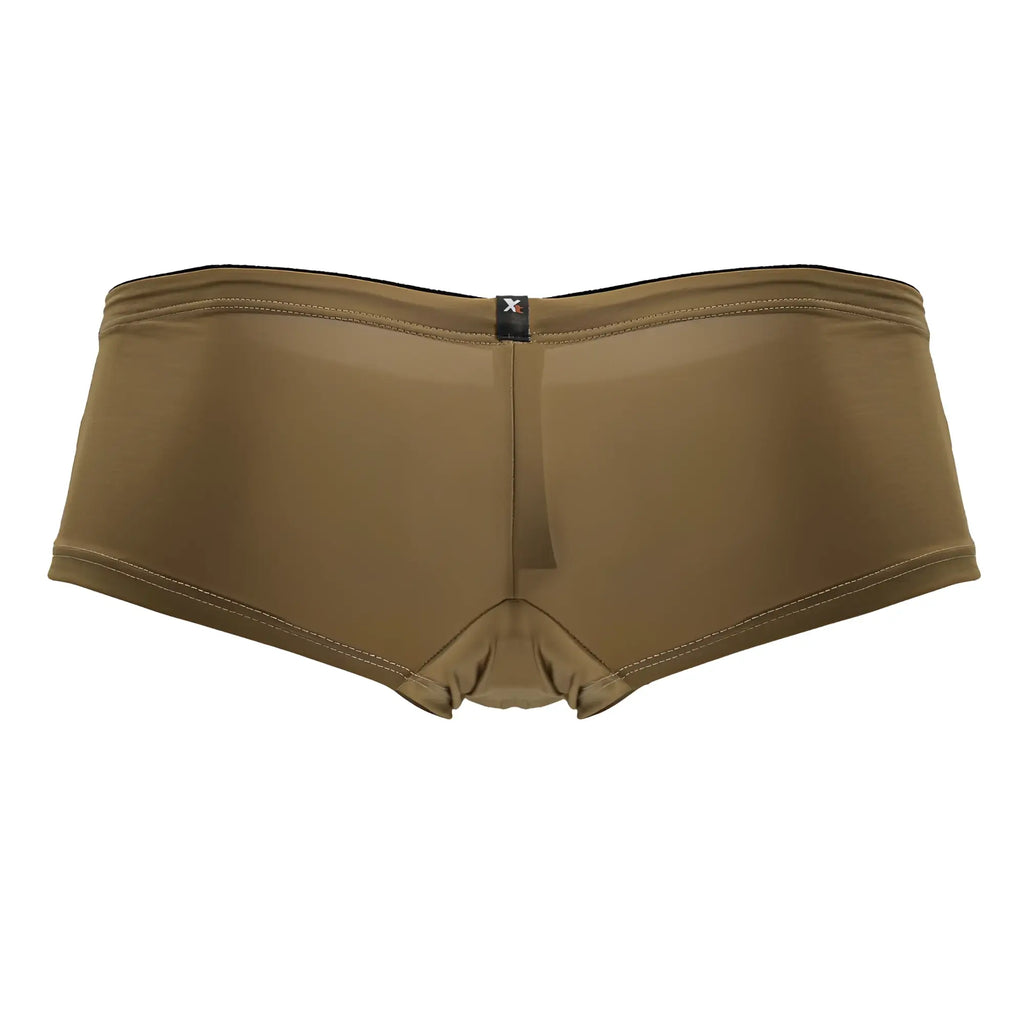 Tan xtremen 91240 microfiber trunks with form-fitting stretchy fabric and black waistband trim in front view