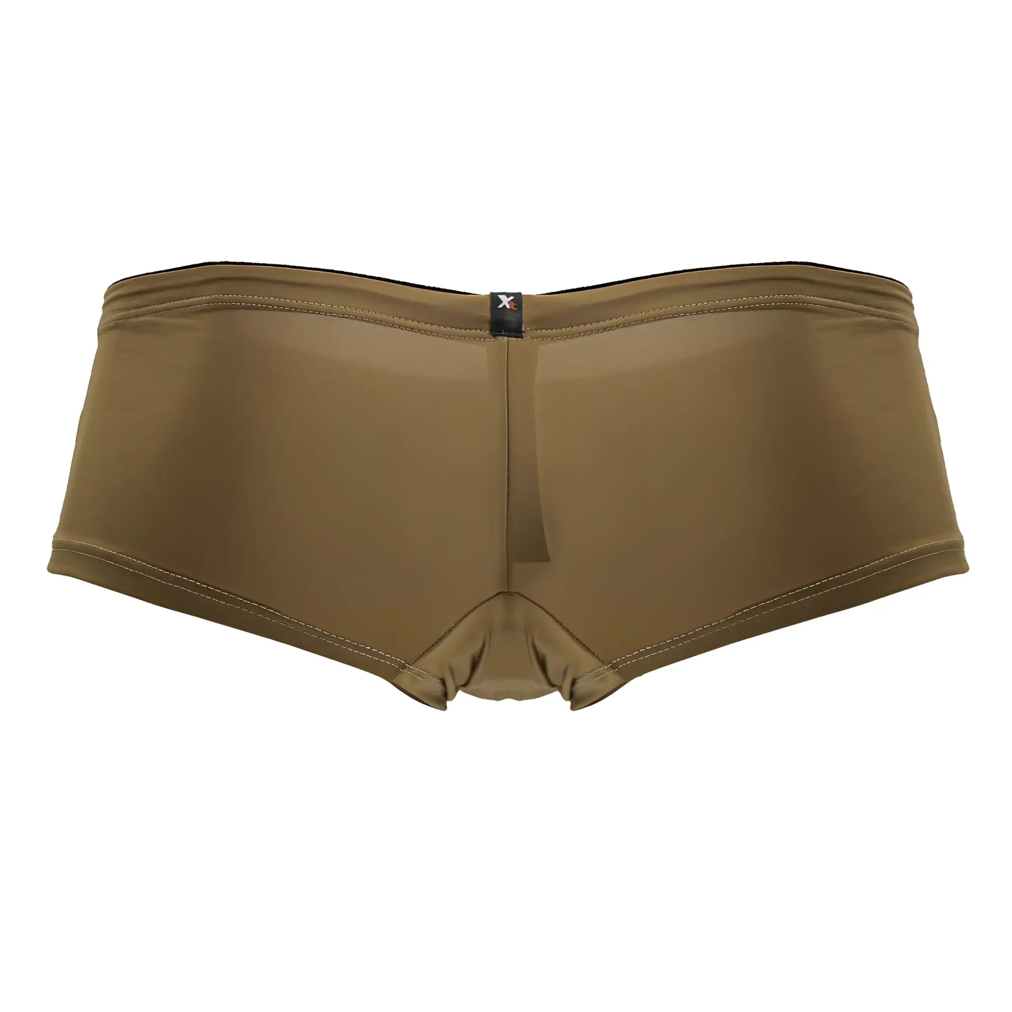 Tan xtremen 91240 microfiber trunks with form-fitting stretchy fabric and black waistband trim in front view