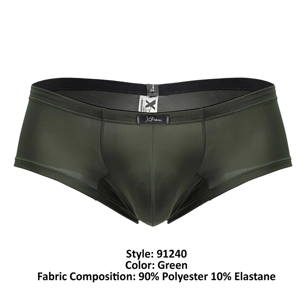 Dark green xtremen 91240 microfiber trunks with form-fitting design, black elastic waistband, and subtle branding tags