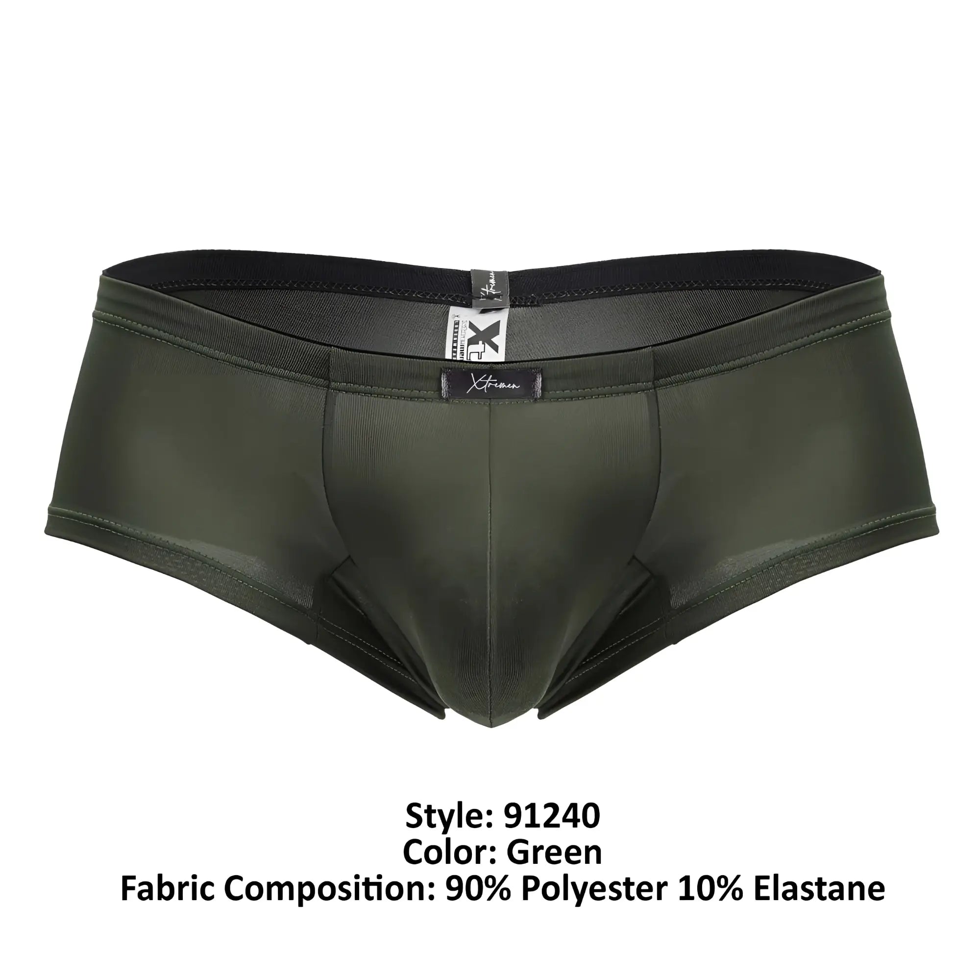 Dark green xtremen 91240 microfiber trunks with form-fitting design, black elastic waistband, and subtle branding tags