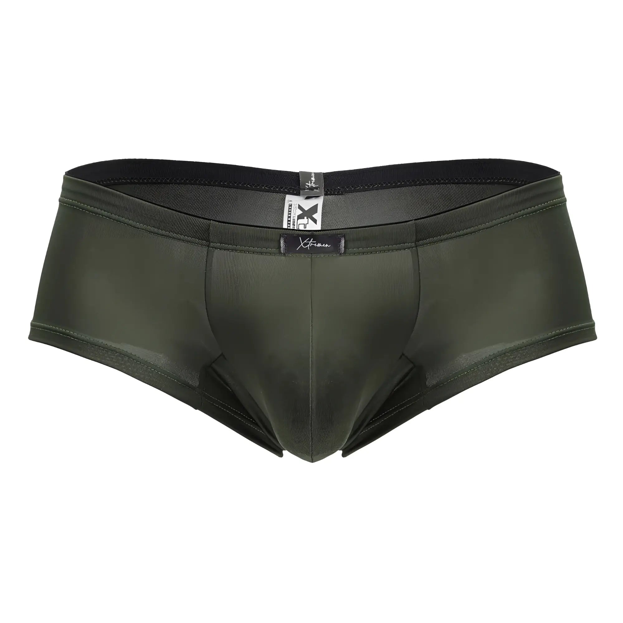 Xtremen 91240 microfiber trunks in dark olive green with a smooth shiny fabric and black elastic waistband