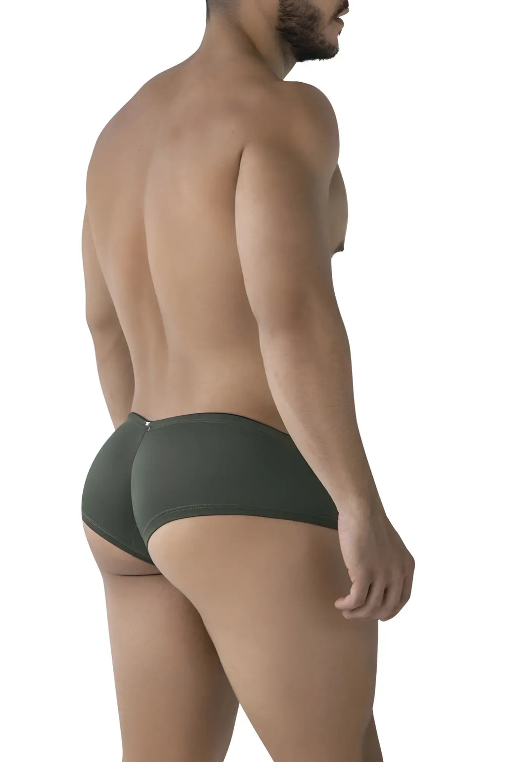 Dark olive green Xtremen 91240 microfiber trunks showing the smooth form-fitting fabric with back seam detail