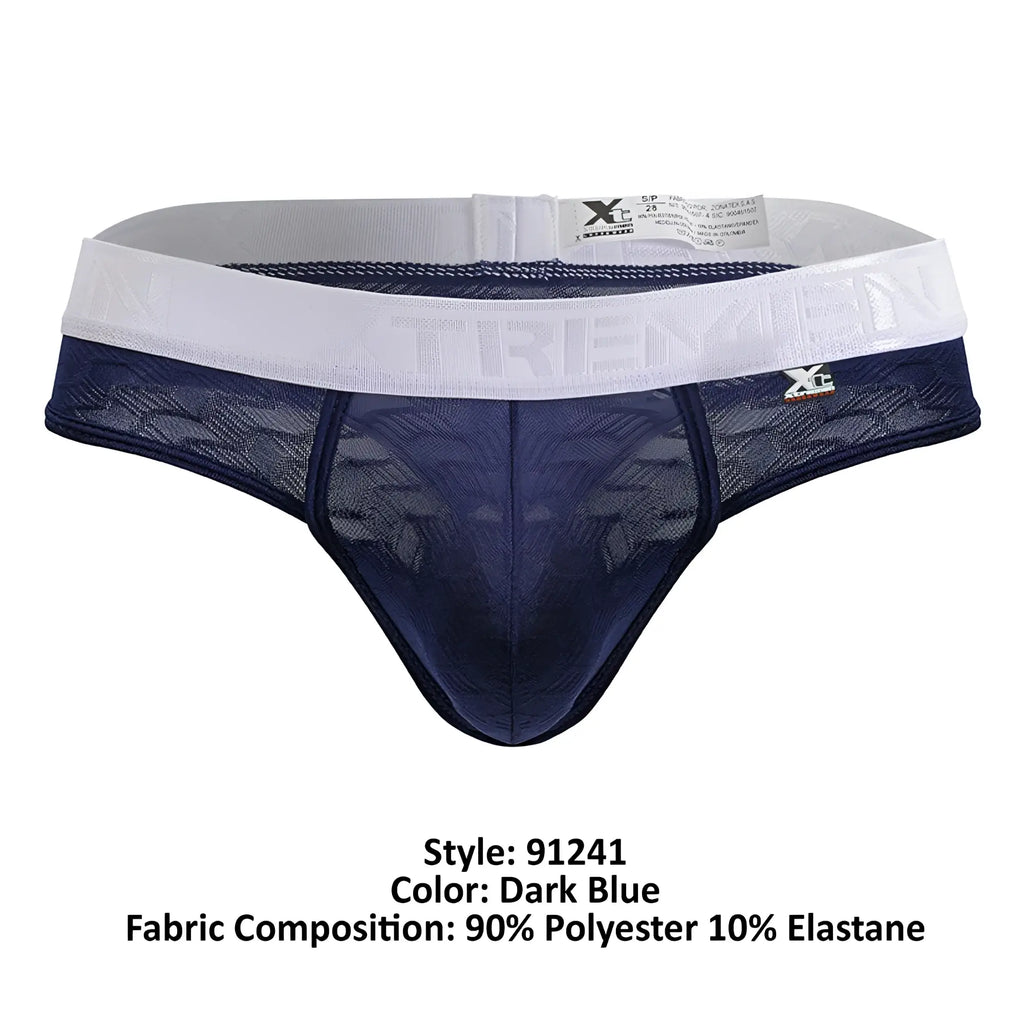 Dark blue lace-trimmed xtremen 91241 microfiber men’s briefs with white elastic waistband featuring tremein brand