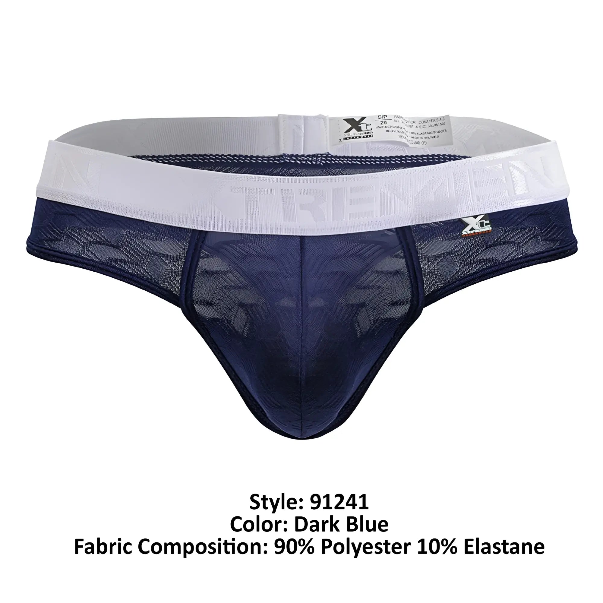 Dark blue lace-trimmed xtremen 91241 microfiber men’s briefs with white elastic waistband featuring tremein brand