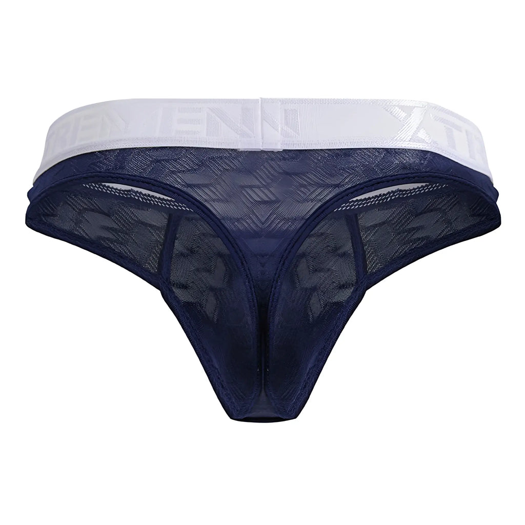 Navy blue lace thong with white embossed elastic waistband made of microfiber from Xtremen 91241 collection