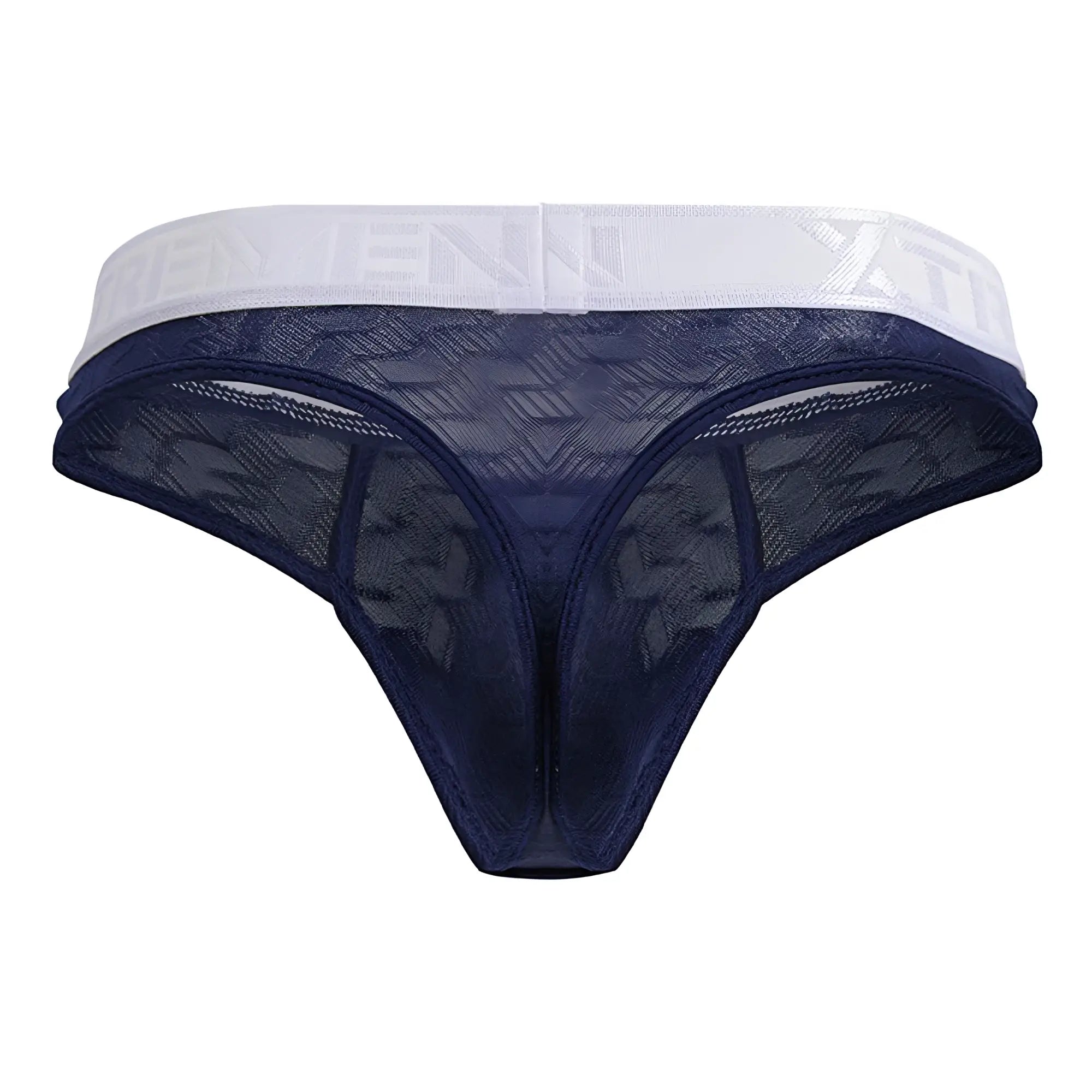 Navy blue lace thong with white embossed elastic waistband made of microfiber from Xtremen 91241 collection