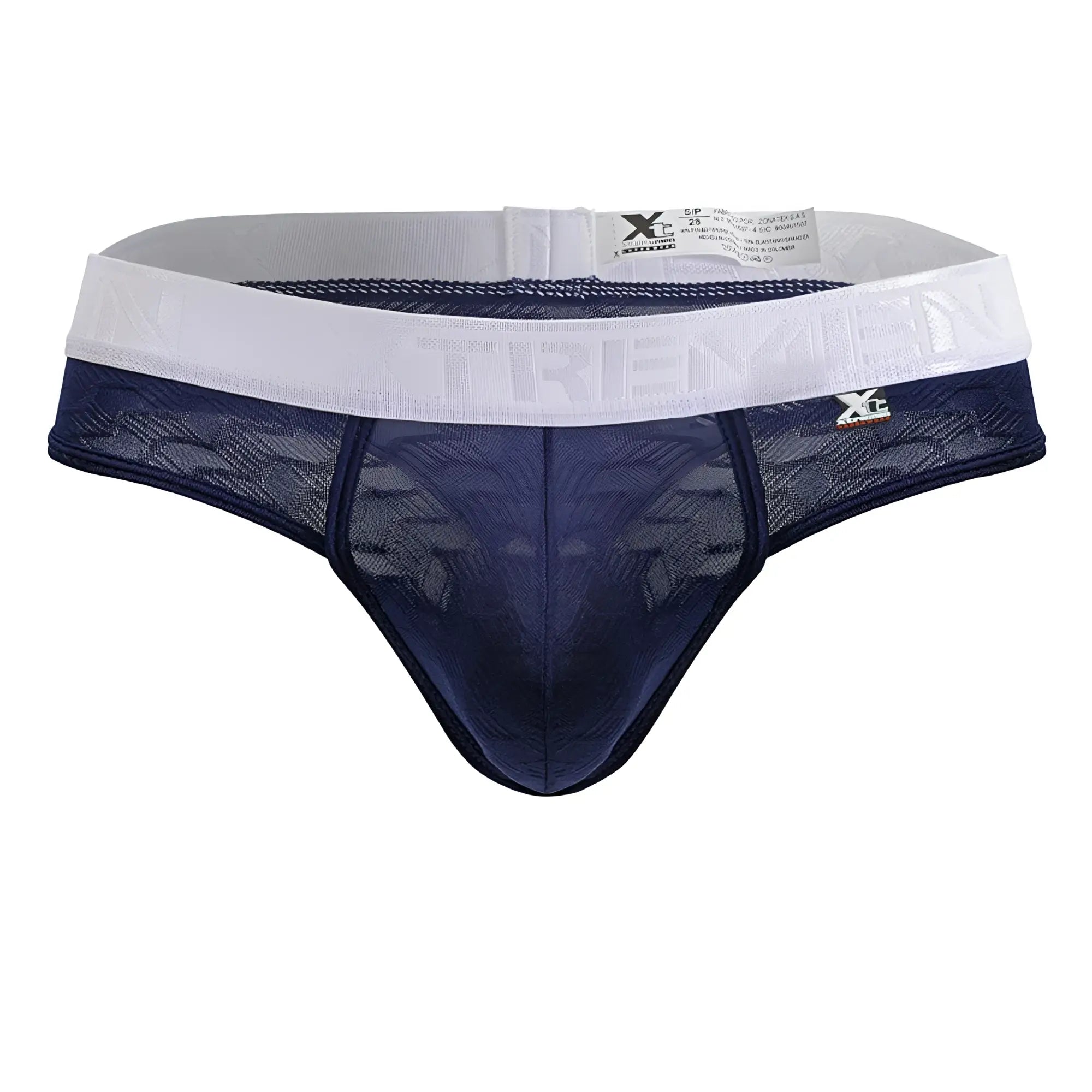 Navy blue lace thong with white elastic waistband and Xtremen branding made of microfiber for comfortable wear