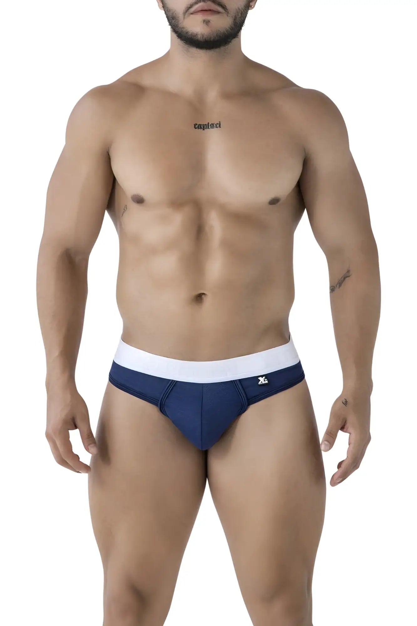 Navy blue and white Xtremen 91241 microfiber briefs with a small logo on the waistband for comfortable wear