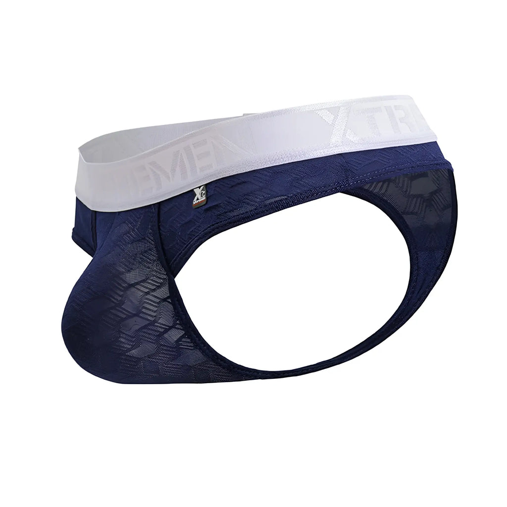 Dark blue textured mesh microfiber briefs with white elastic waistband featuring x-treme logo from xtremen 91241