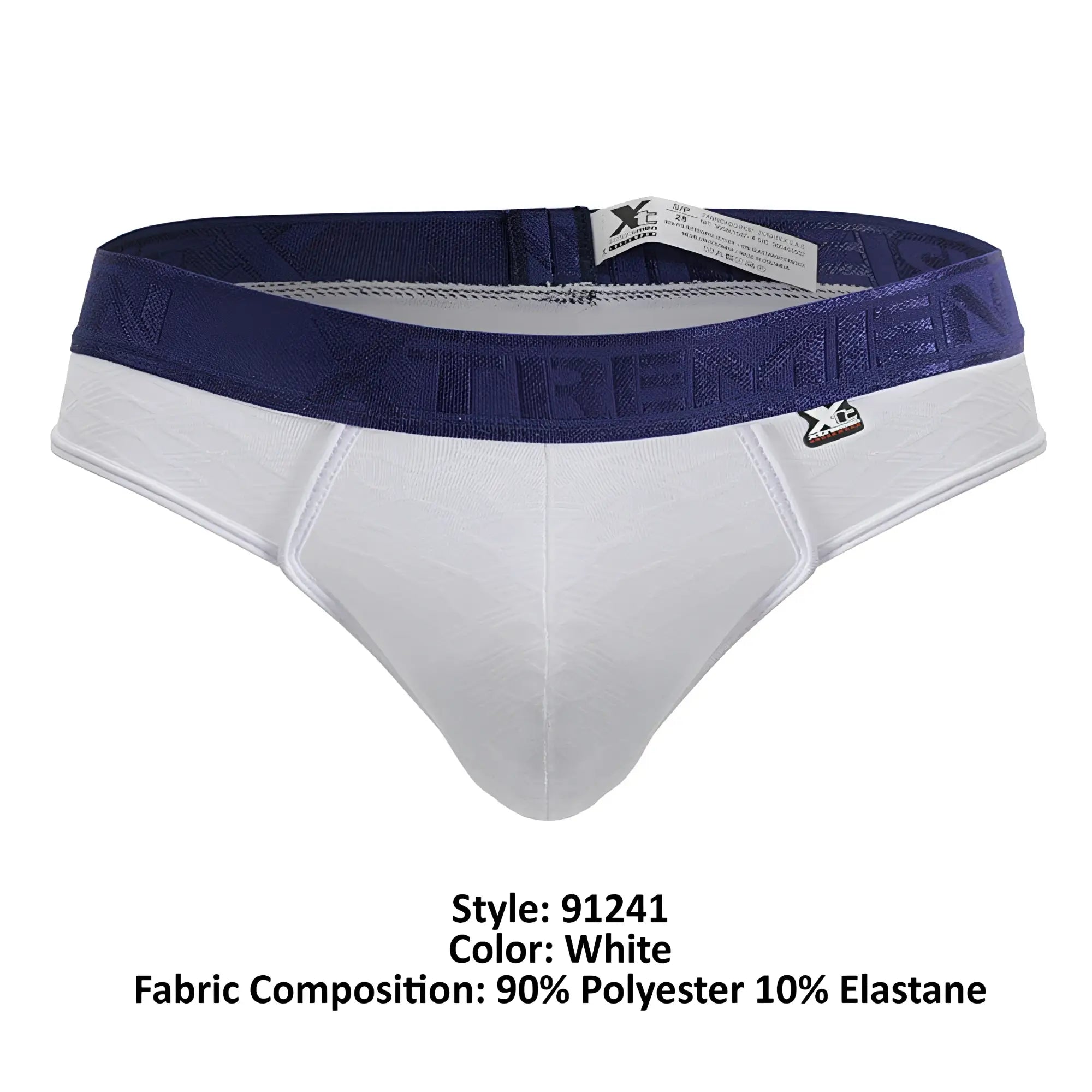 White xtremen 91241 microfiber thongs with navy blue waistband featuring xtremen logo and embroidered emblem