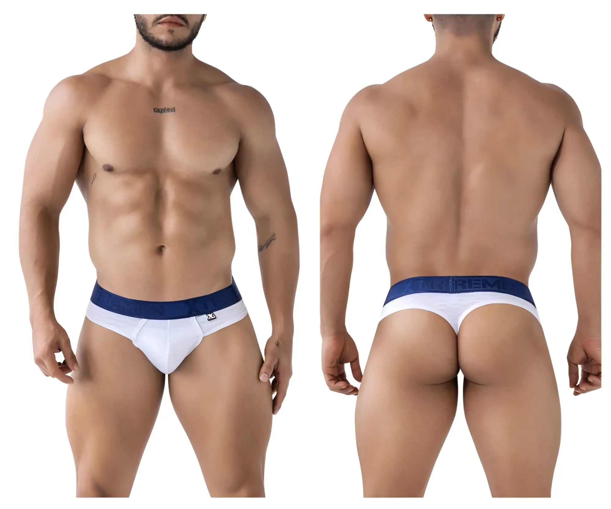 White and navy blue xtremen 91241 microfiber briefs with snug fit and urem brand name on waistband