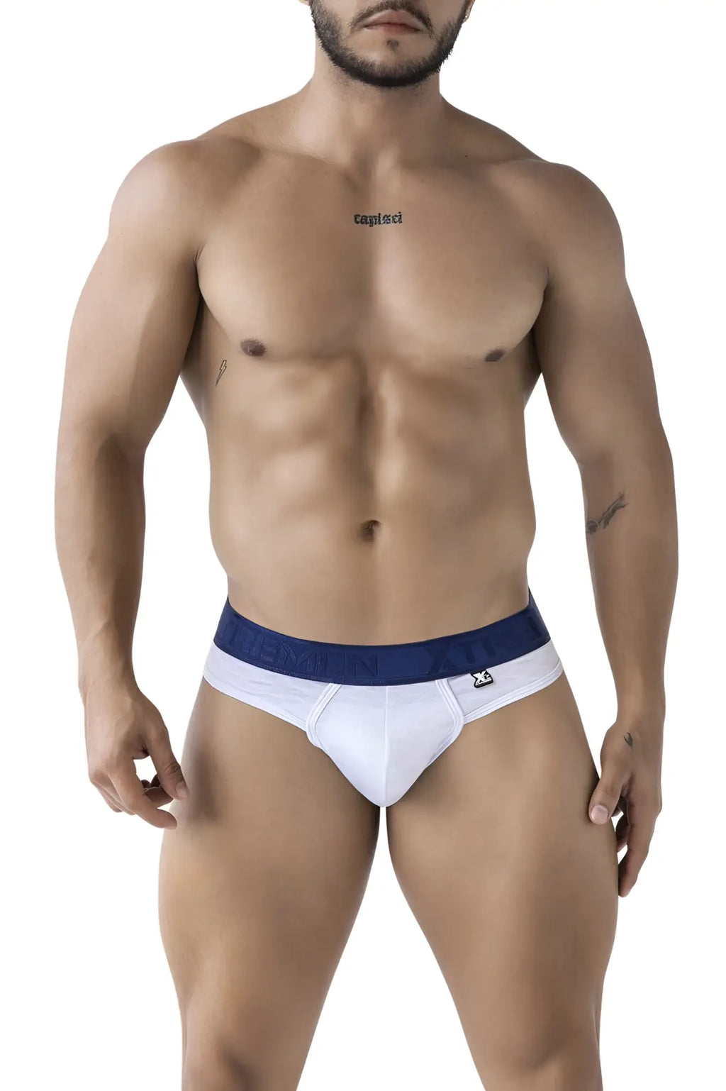 White microfiber briefs with a navy blue waistband featuring the brand name capri in white lettering