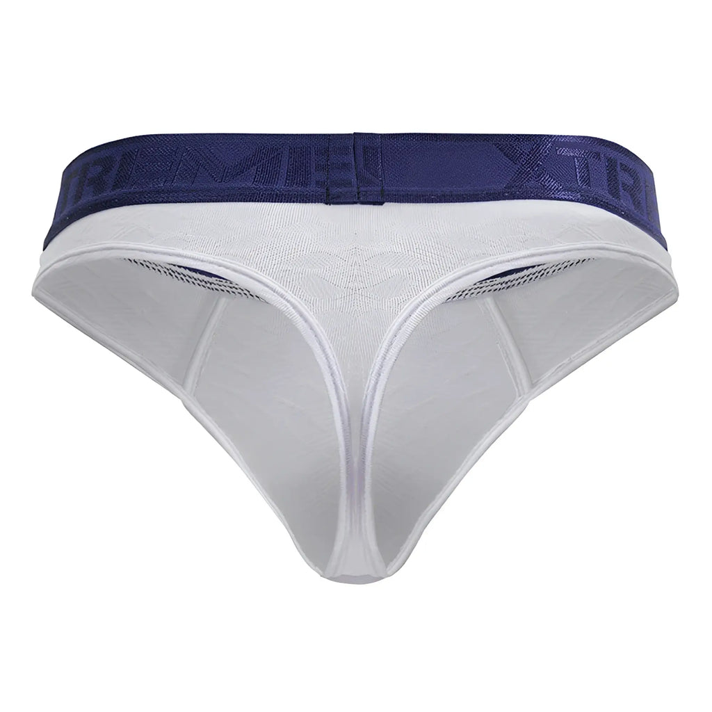 White Xtremen 91241 microfiber thong with a navy blue elastic Supreme logo waistband shown from the back side