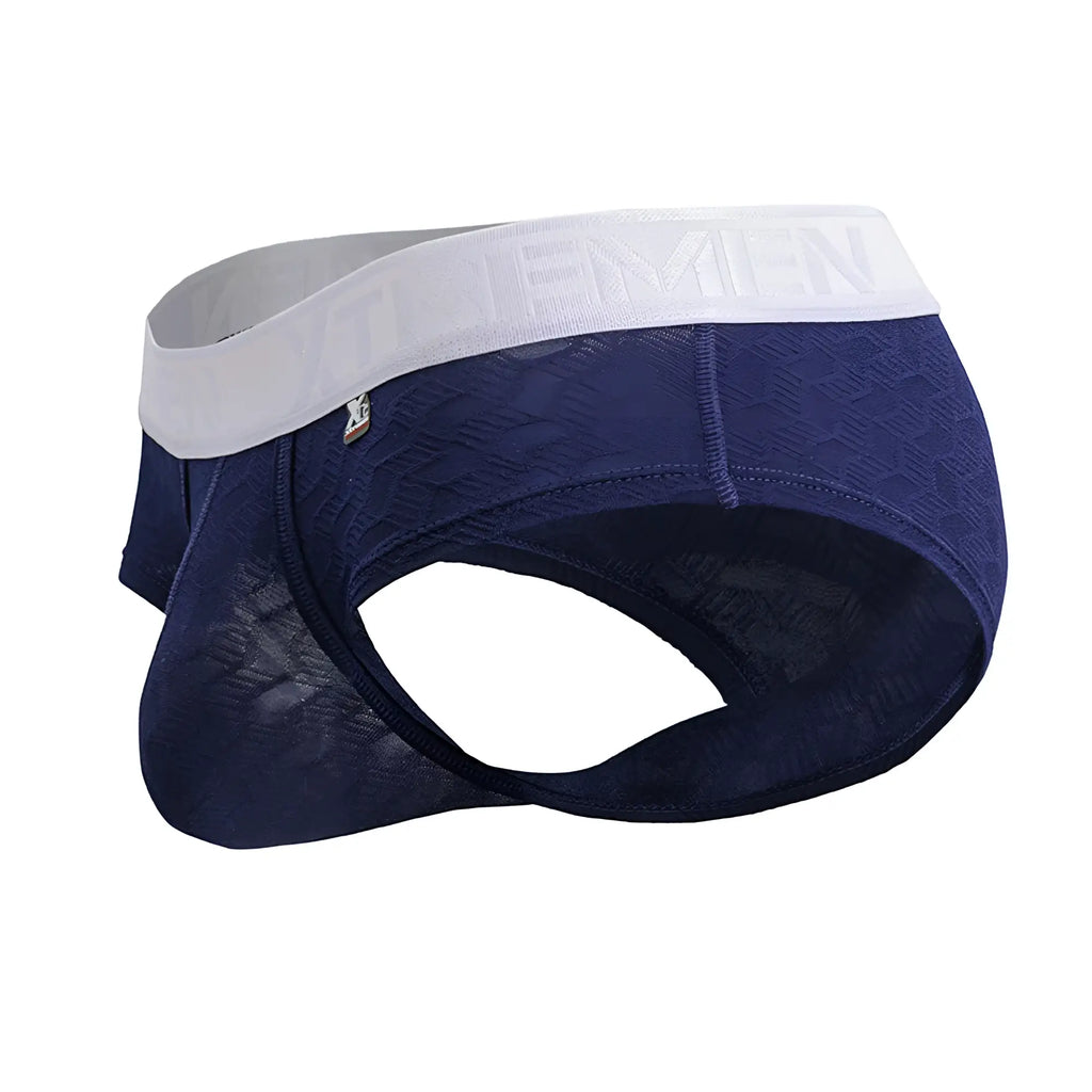 Navy blue textured xtremen 91242 microfiber men’s briefs with a white elastic waistband featuring xtremen branding