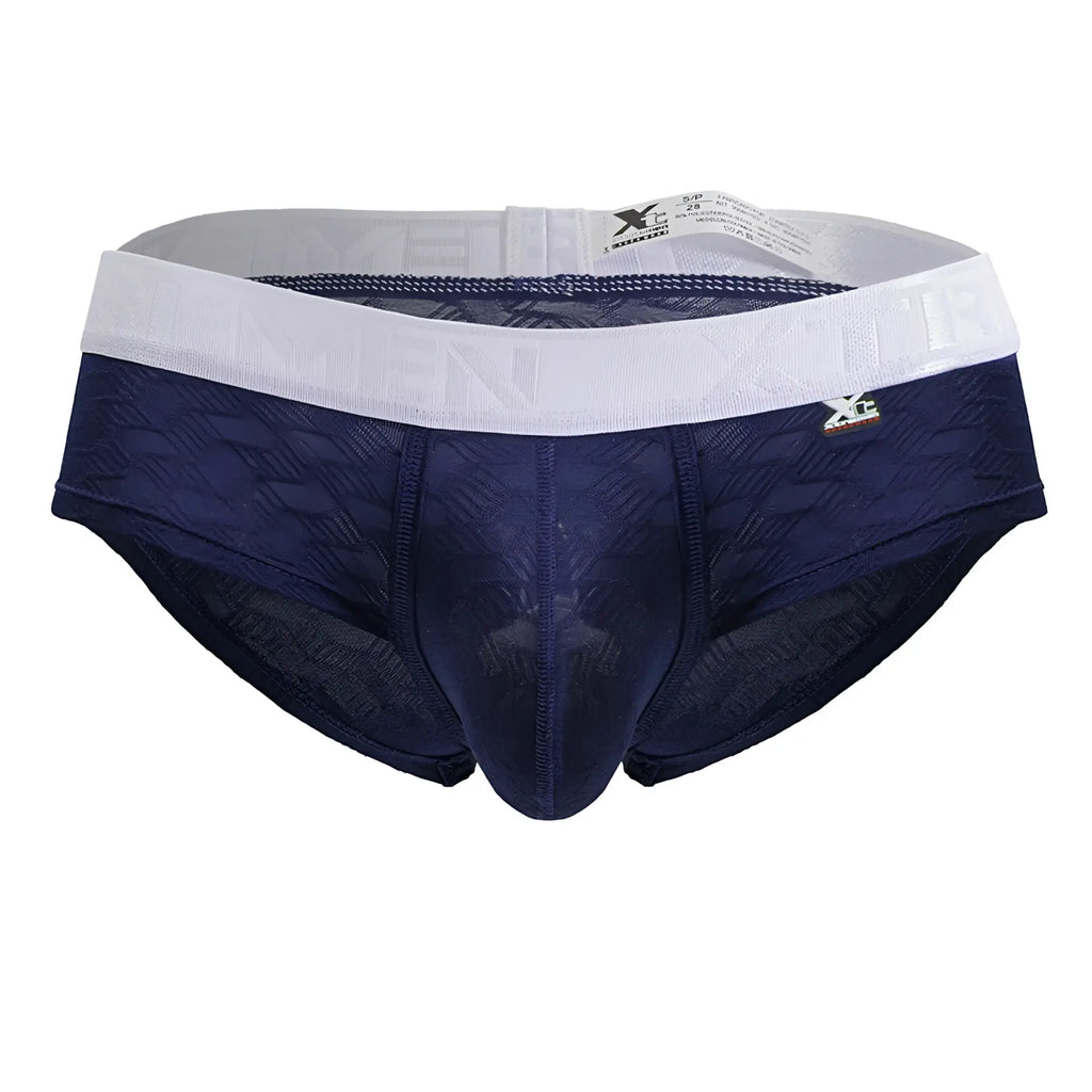 Navy blue textured men’s microfiber briefs with white elastic waistband and gold xc branding Xtremen 91242 model