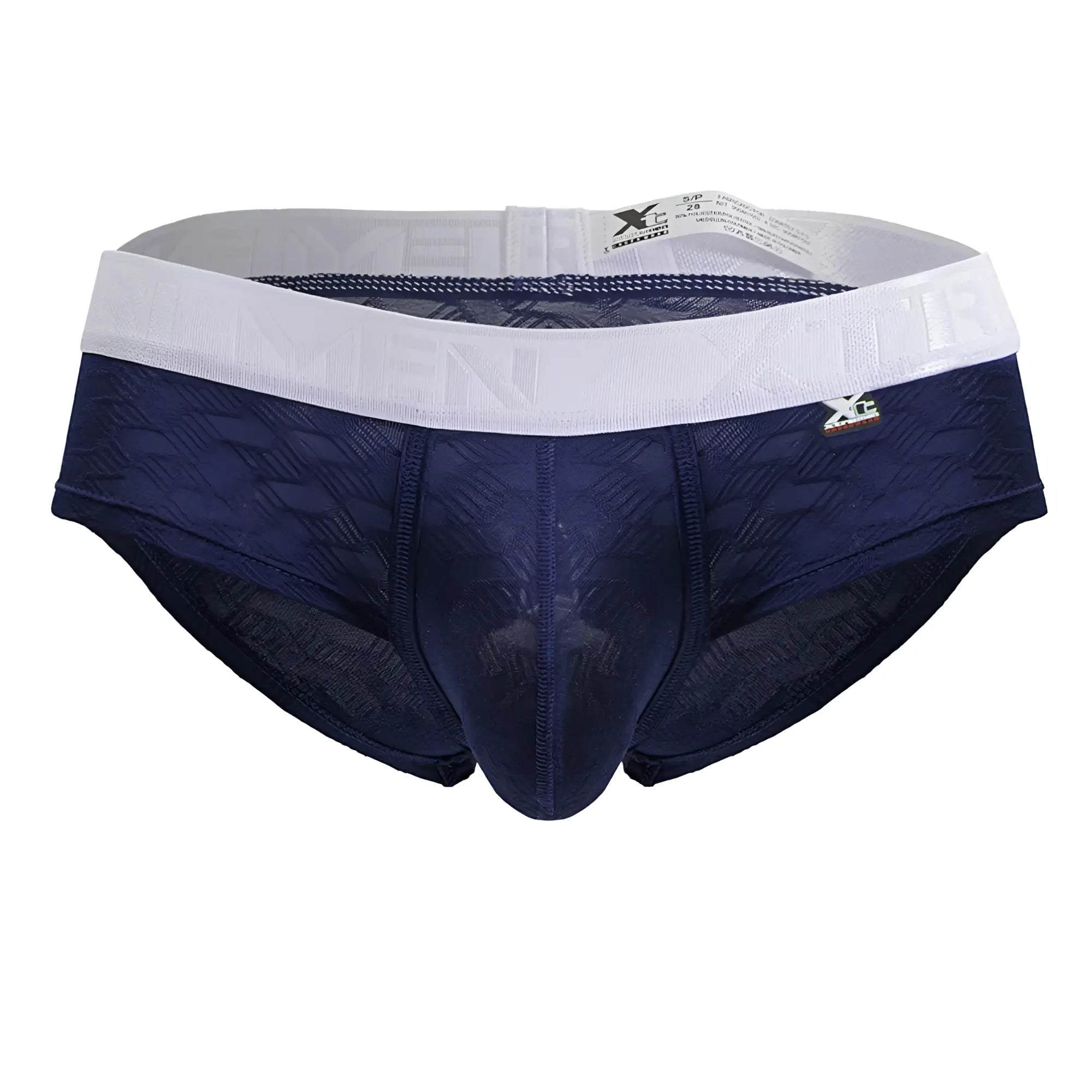 Navy blue textured men’s microfiber briefs with white elastic waistband and gold xc branding Xtremen 91242 model