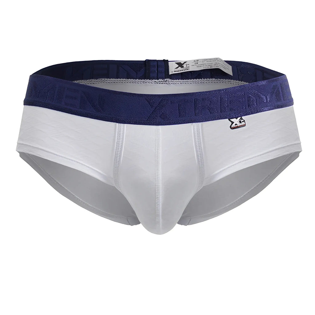 White xtremen 91242 microfiber briefs with navy blue elastic waistband featuring raised extreme logo and small branded tag