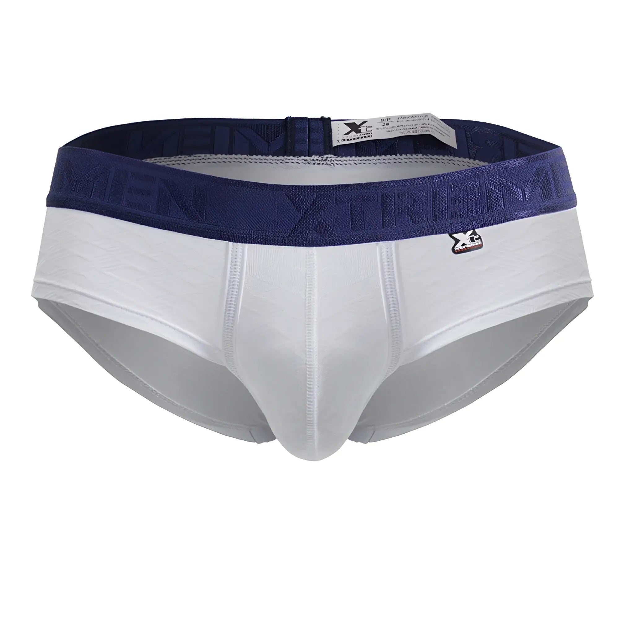 White xtremen 91242 microfiber briefs with navy blue elastic waistband featuring raised extreme logo and small branded tag