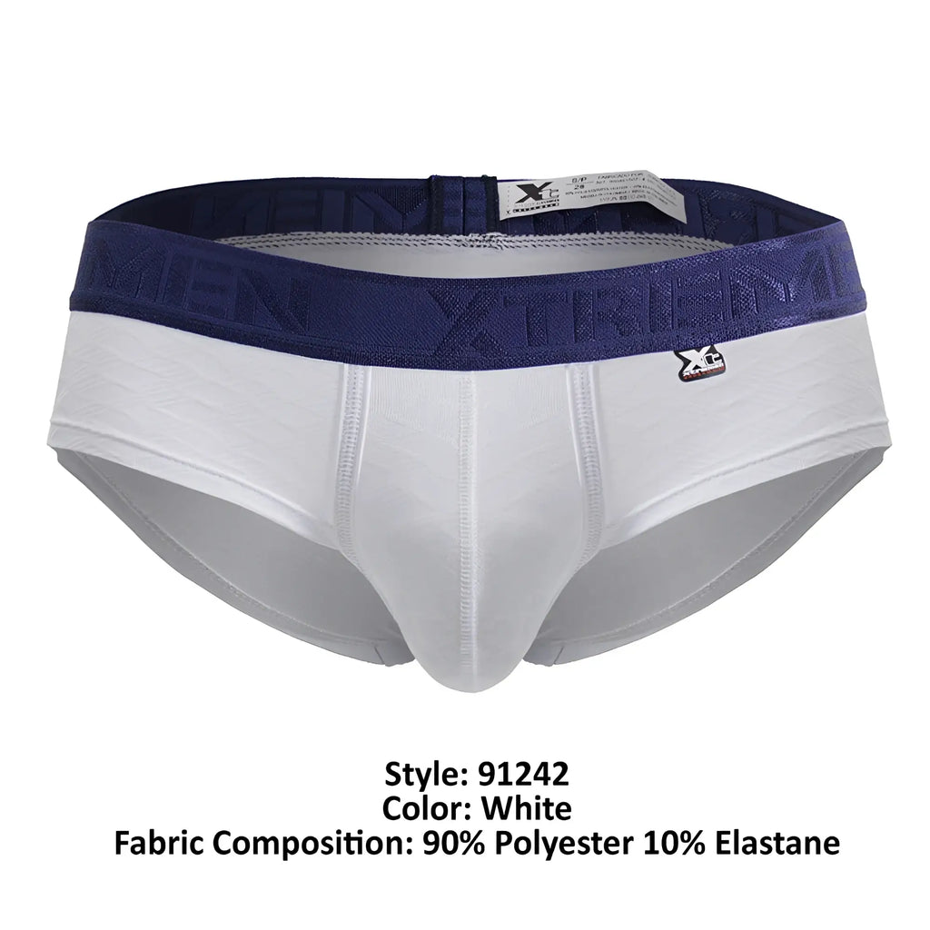 White xtremen 91242 microfiber briefs with navy blue waistband and raised xtreme logo for men