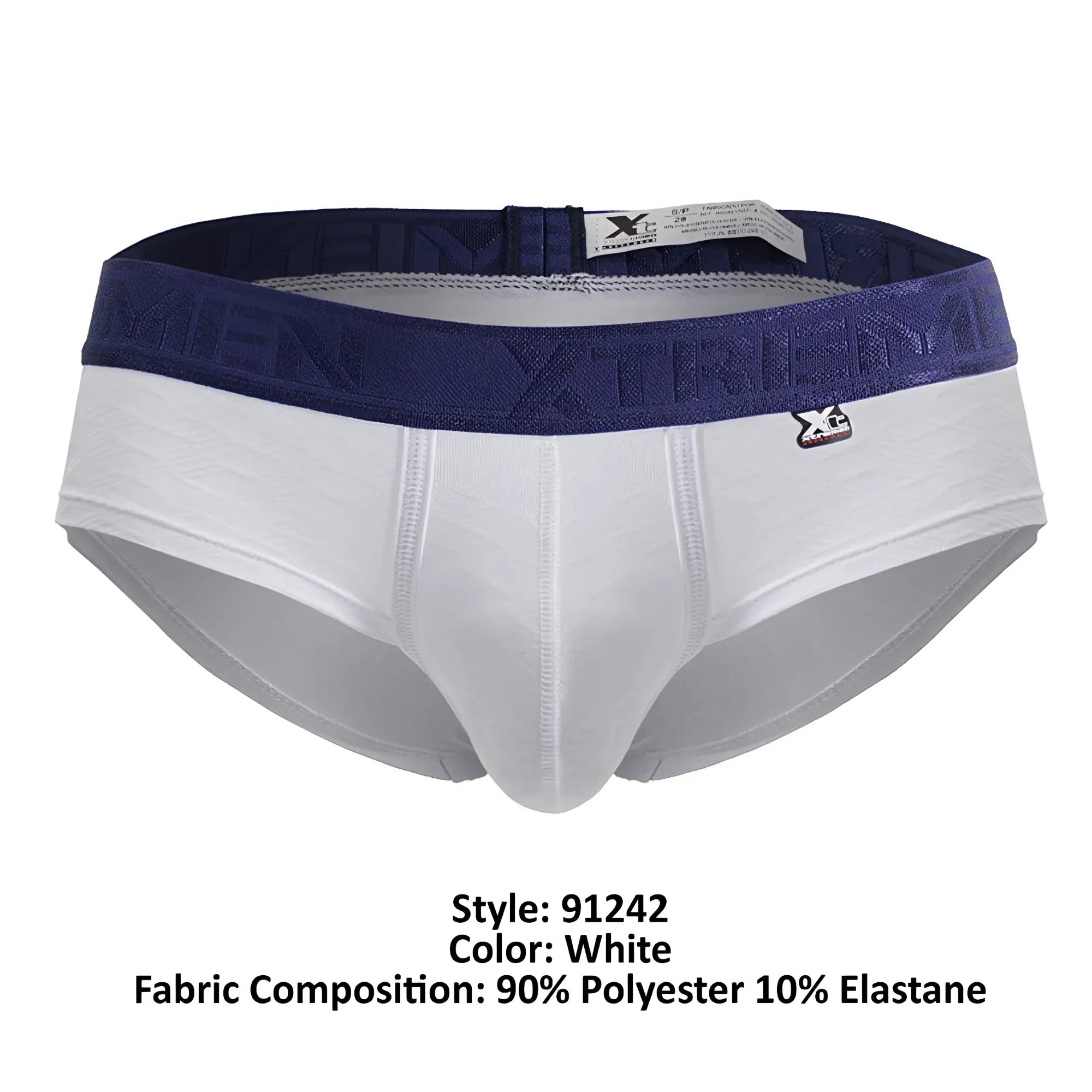 White xtremen 91242 microfiber briefs with navy blue waistband and raised xtreme logo for men