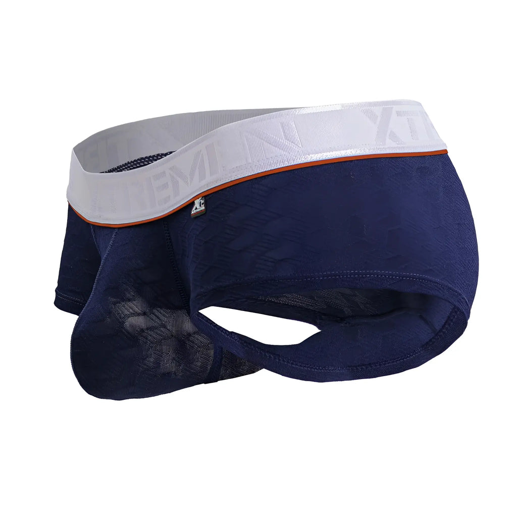 Navy blue lace-trimmed Xtremen 91243 microfiber men’s briefs with white elastic waistband and orange trim embossed branding
