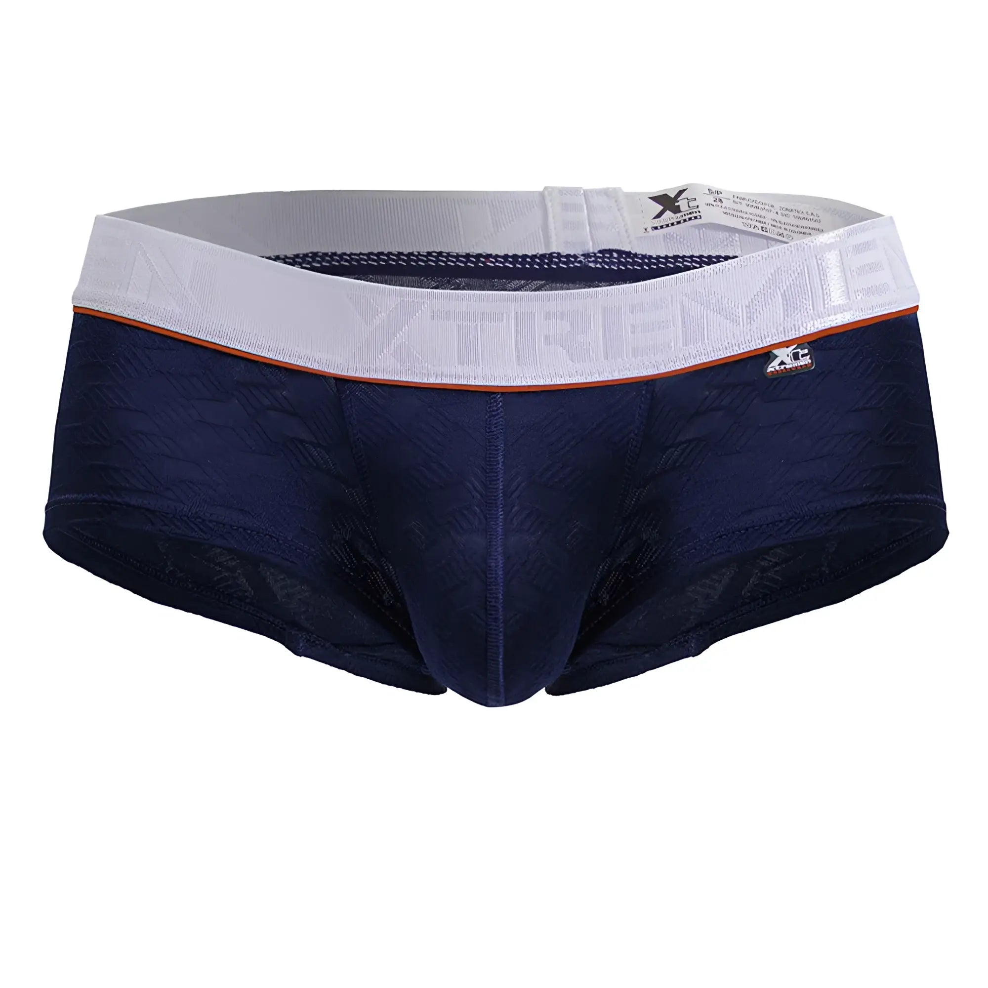 Navy blue lace-trimmed xtremen 91243 microfiber men’s briefs with white xtreme logo waistband and orange accent stripe