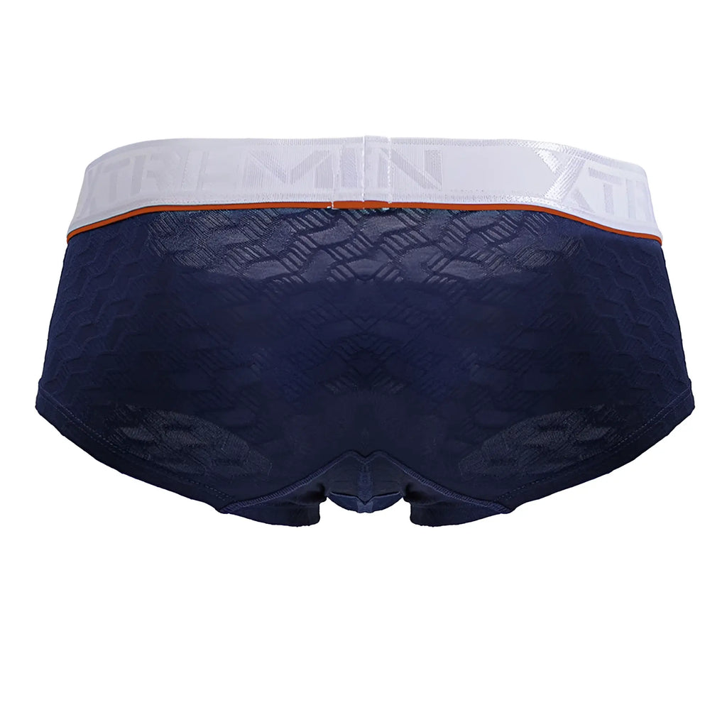 Navy blue xtremen 91243 microfiber briefs with lace trim and white elastic waistband featuring orange accent stripe
