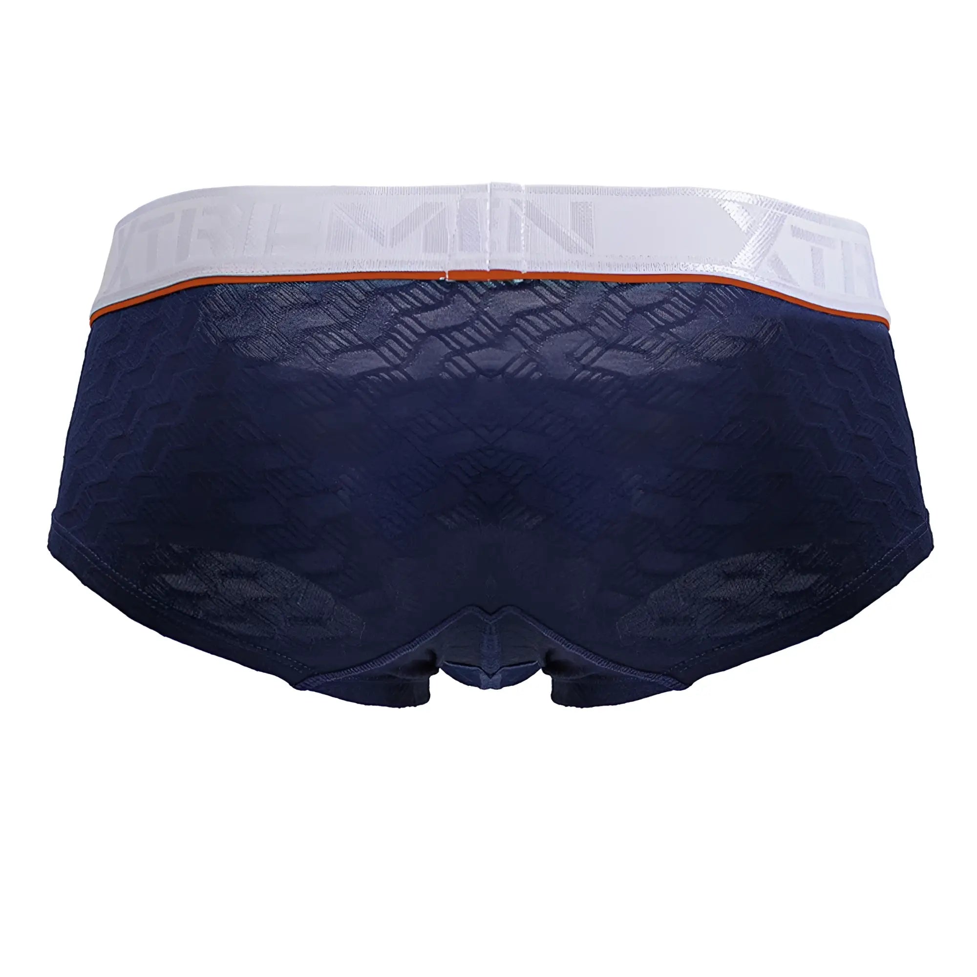 Navy blue xtremen 91243 microfiber briefs with lace trim and white elastic waistband featuring orange accent stripe