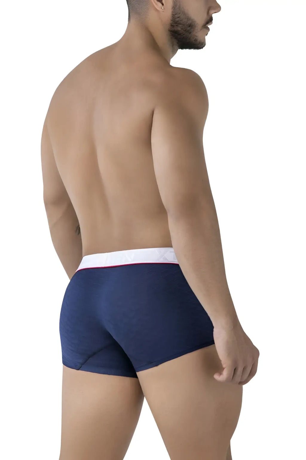 Navy blue xtremen 91243 microfiber trunks with white waistband and thin red stripe detail front view