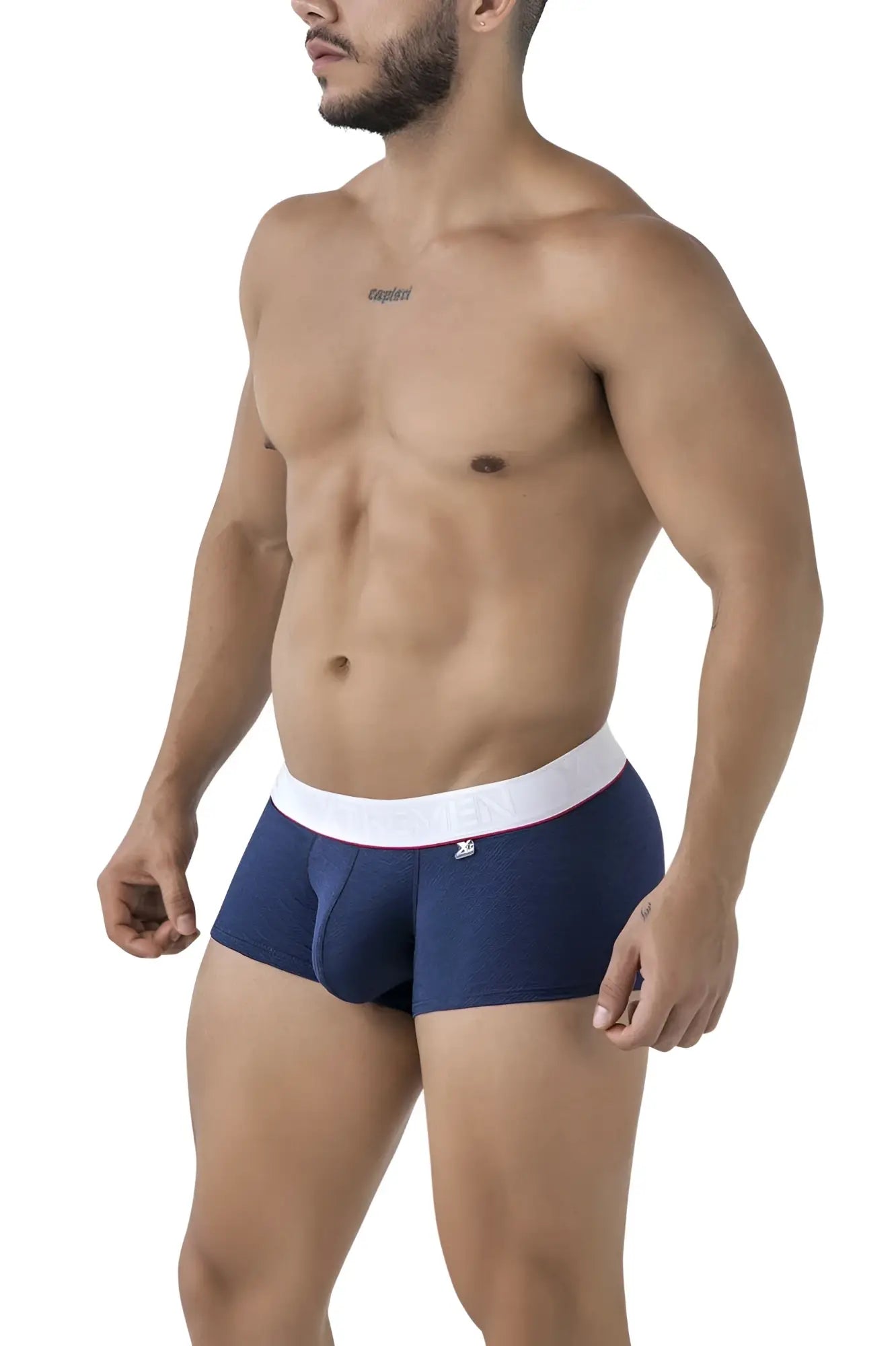 Navy blue xtremen 91243 microfiber trunks with white waistband red trim and small front logo