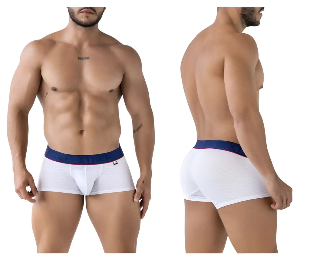 White xtremen 91243 microfiber boxer briefs with navy waistband red trim and freedom brand name in white letters