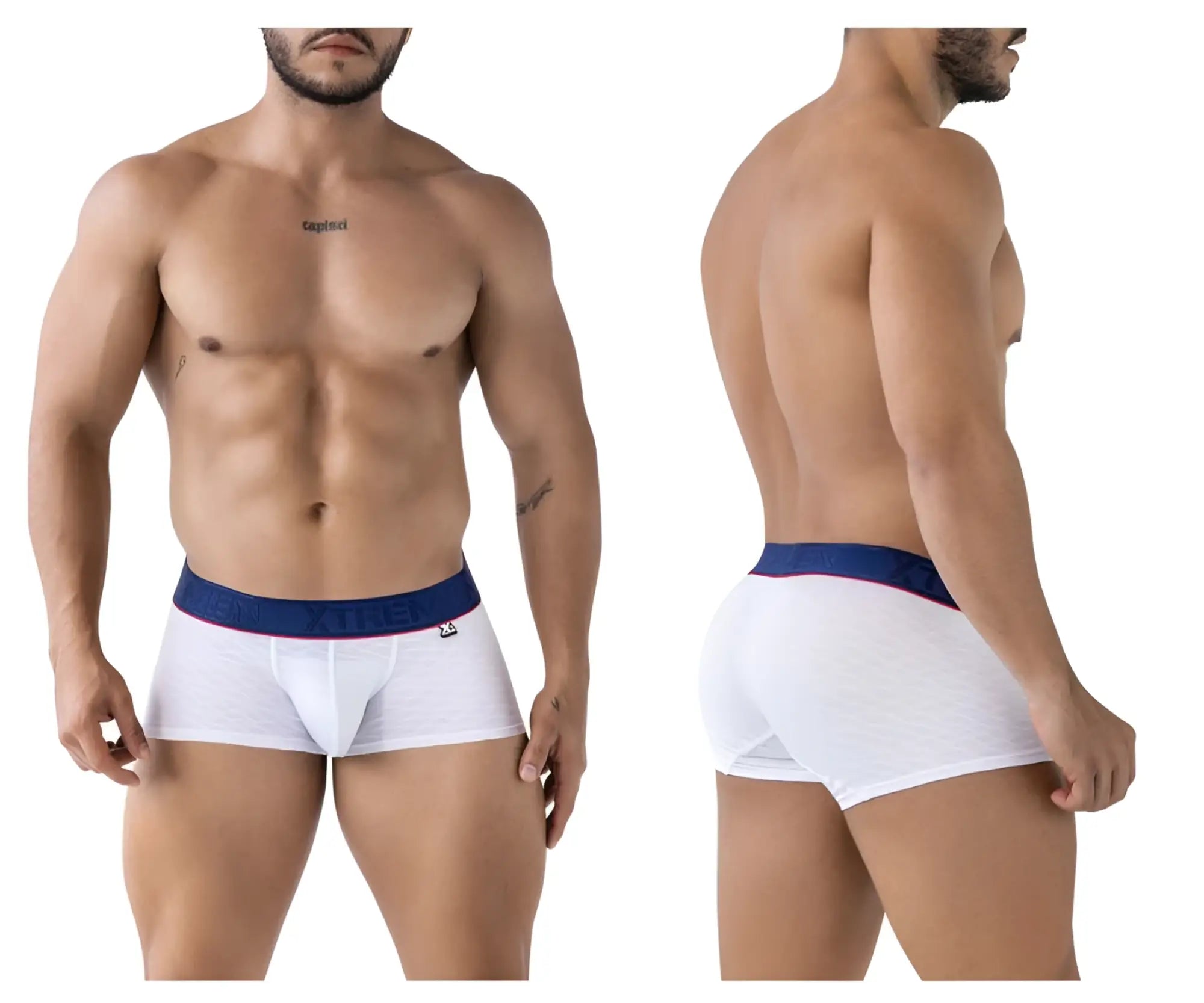 White xtremen 91243 microfiber boxer briefs with navy waistband red trim and freedom brand name in white letters