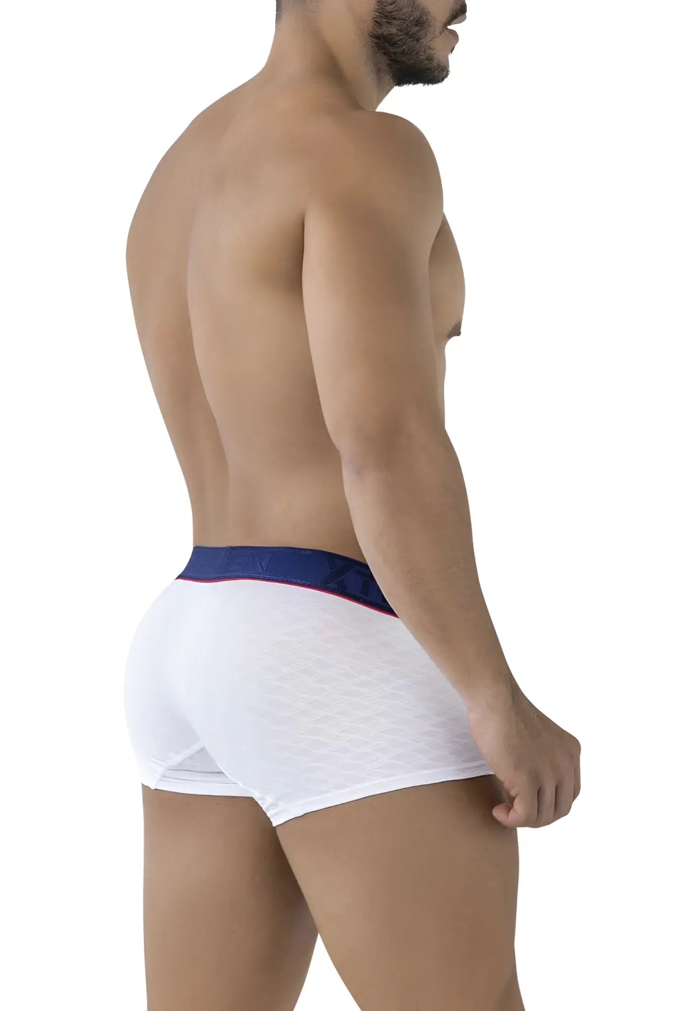 White boxer briefs with navy blue waistband and red trim made of microfiber xtremen 91243 trunks color white