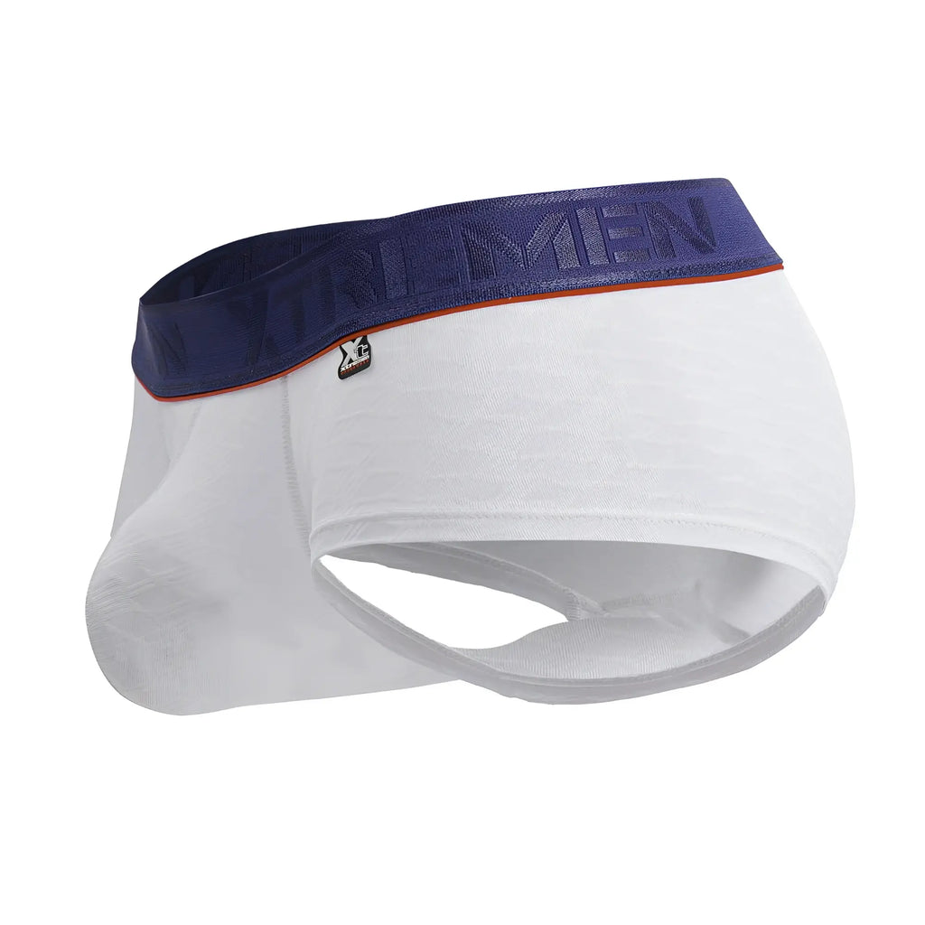 White xtremen 91243 microfiber trunks with navy blue elastic waistband and orange trim for men
