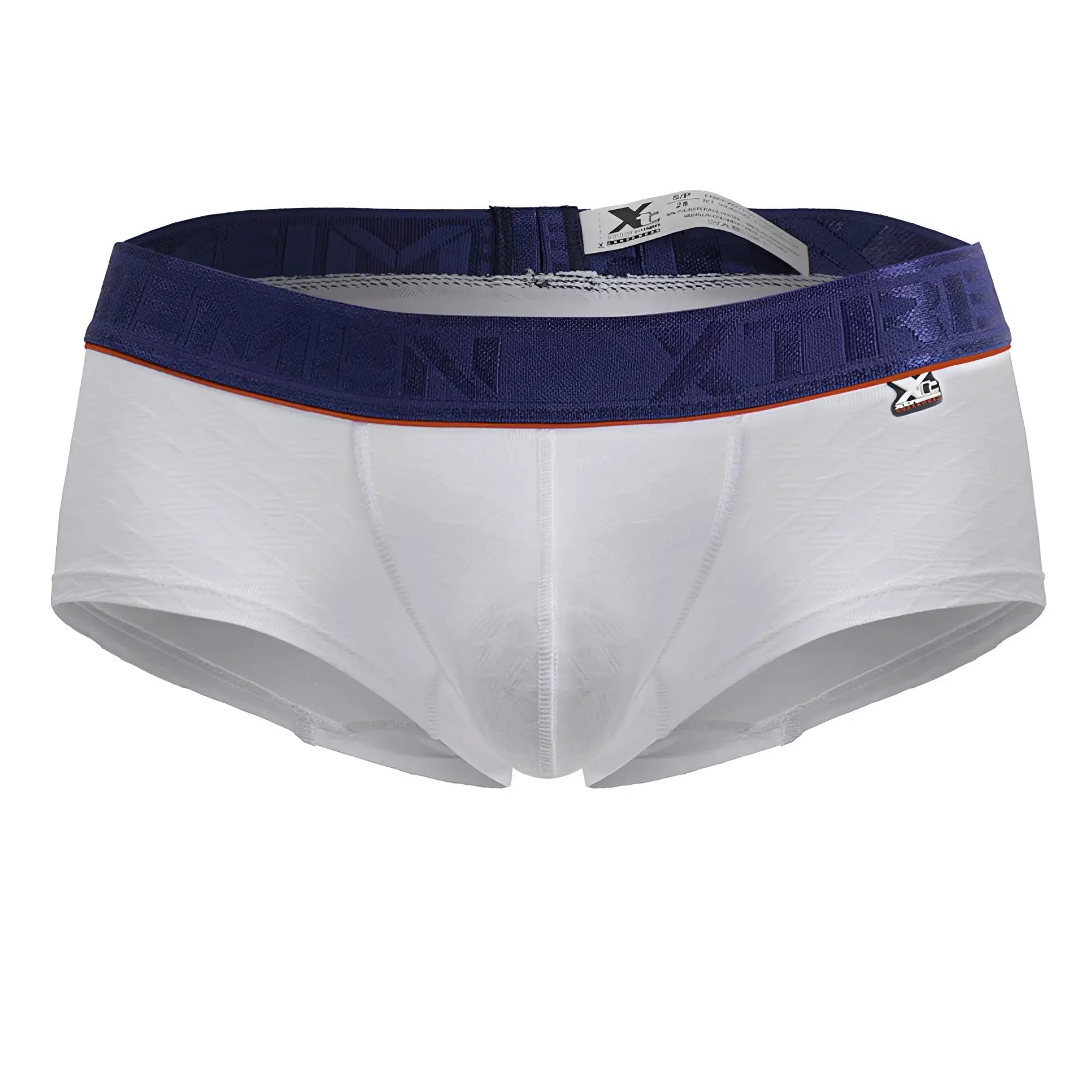 White xtremen 91243 microfiber trunks with navy elastic waistband embossed logo and orange trim