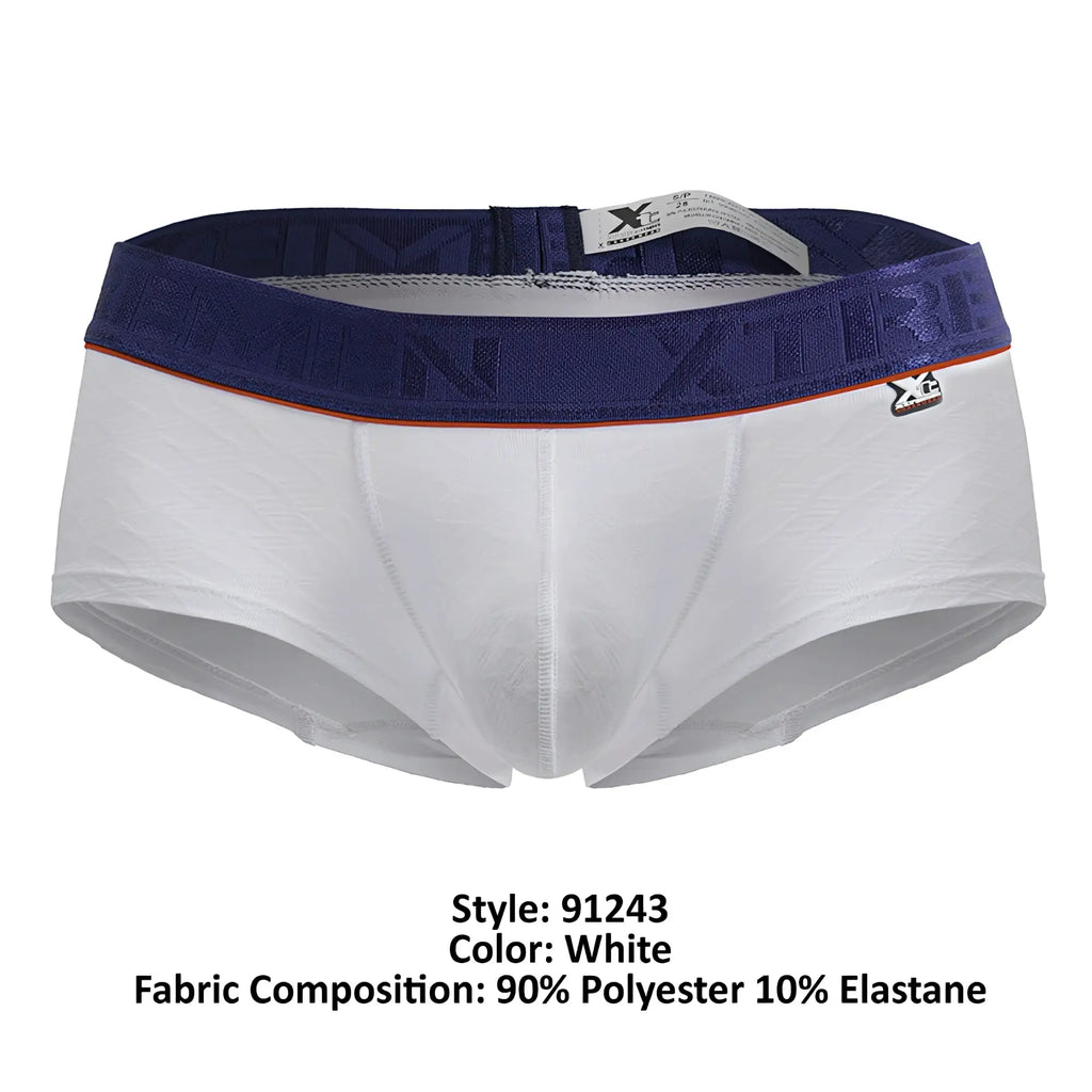 White xtremen 91243 microfiber trunks with navy blue embossed waistband and orange trim for men