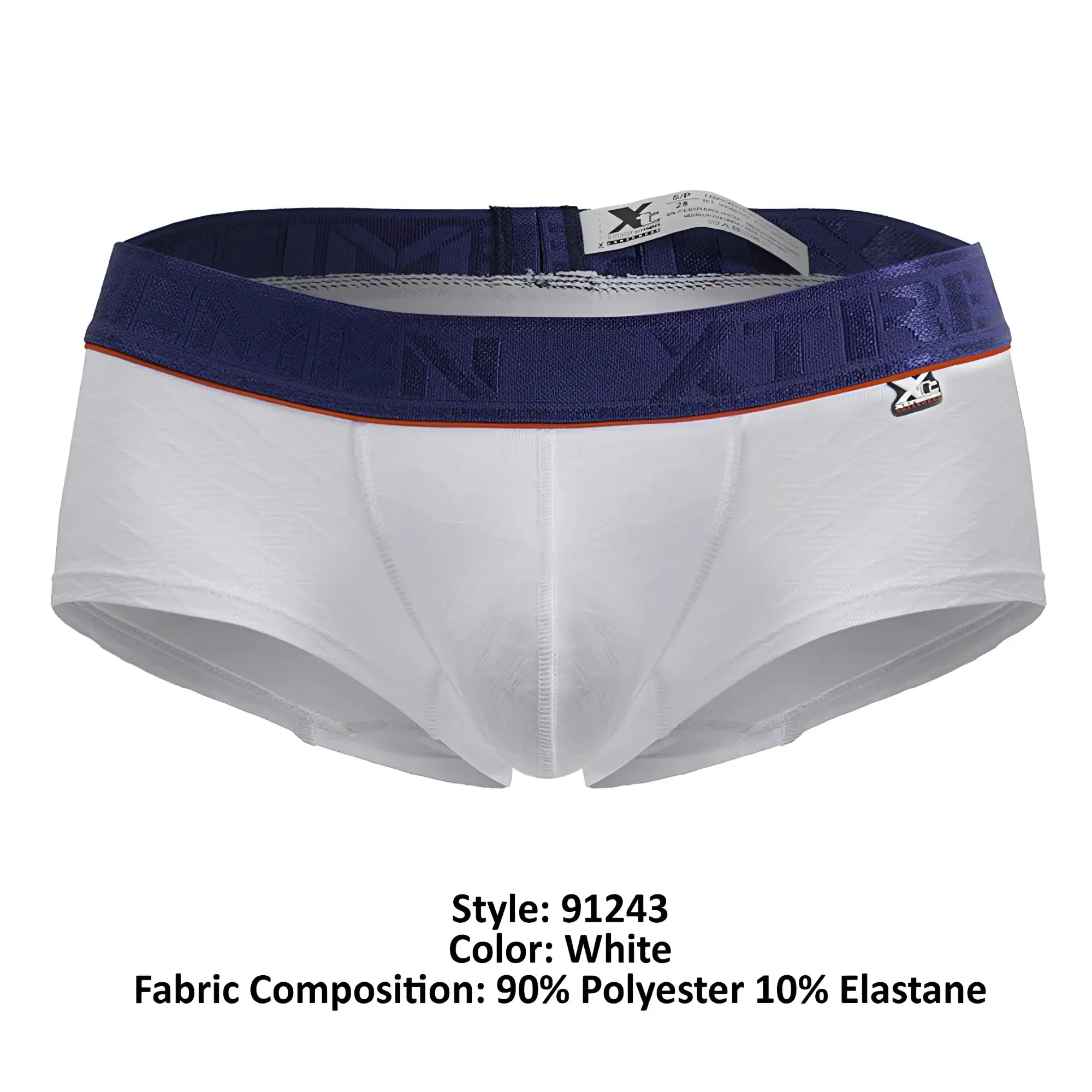 White xtremen 91243 microfiber trunks with navy blue embossed waistband and orange trim for men